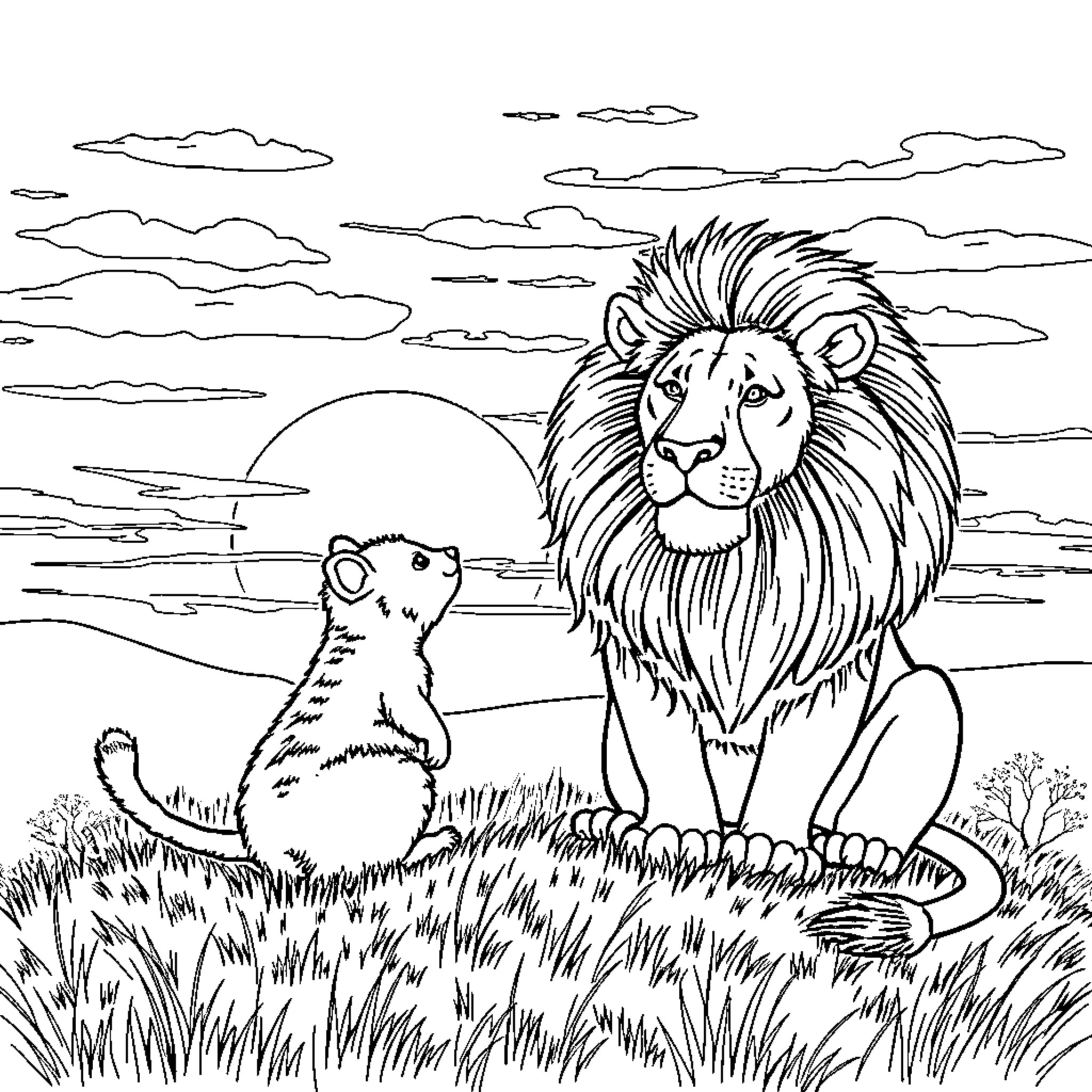 Quokka and Lion Enjoying Sunset on Savanna Coloring Page (free black-and-white line drawing printable PDF for all, from beginners to advanced learners, including children, teens, adults, and seniors)