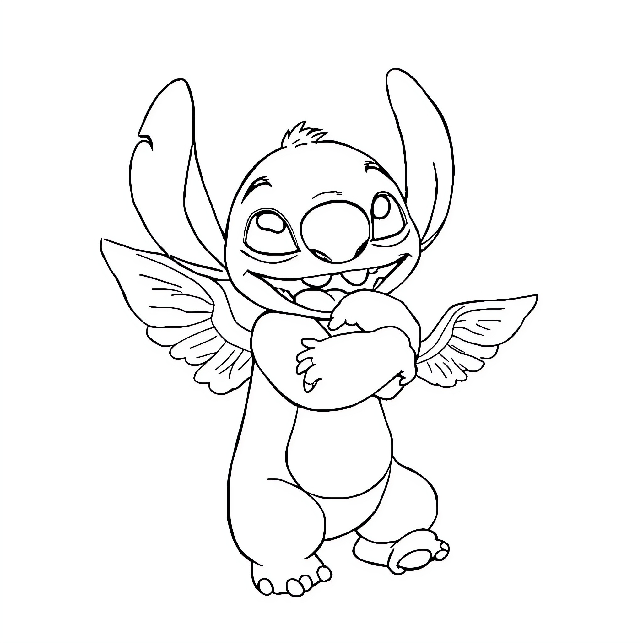 Stitch holding a heart with wings Coloring Page (free black-and-white line drawing printable PDF for all, from beginners to advanced learners, including children, teens, adults, and seniors)