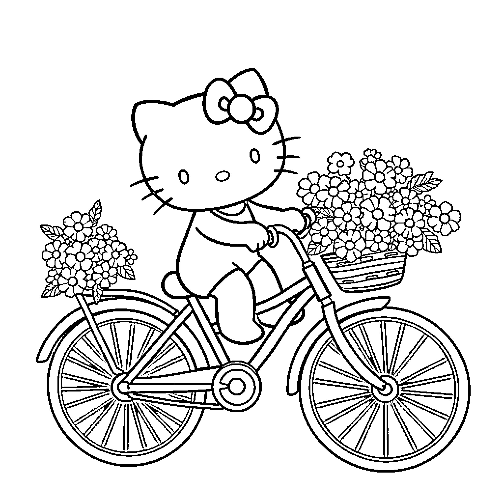 Hello Kitty riding bicycle with flowers Coloring Page (free black-and-white line drawing printable PDF for all, from beginners to advanced learners, including children, teens, adults, and seniors)