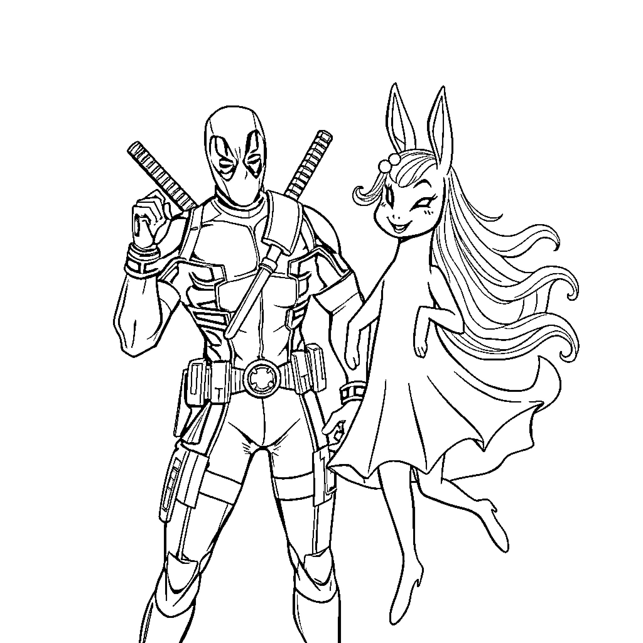 Deadpool and Bunny Heroine in Action Coloring Page (free black-and-white line drawing printable PDF for all, from beginners to advanced learners, including children, teens, adults, and seniors)