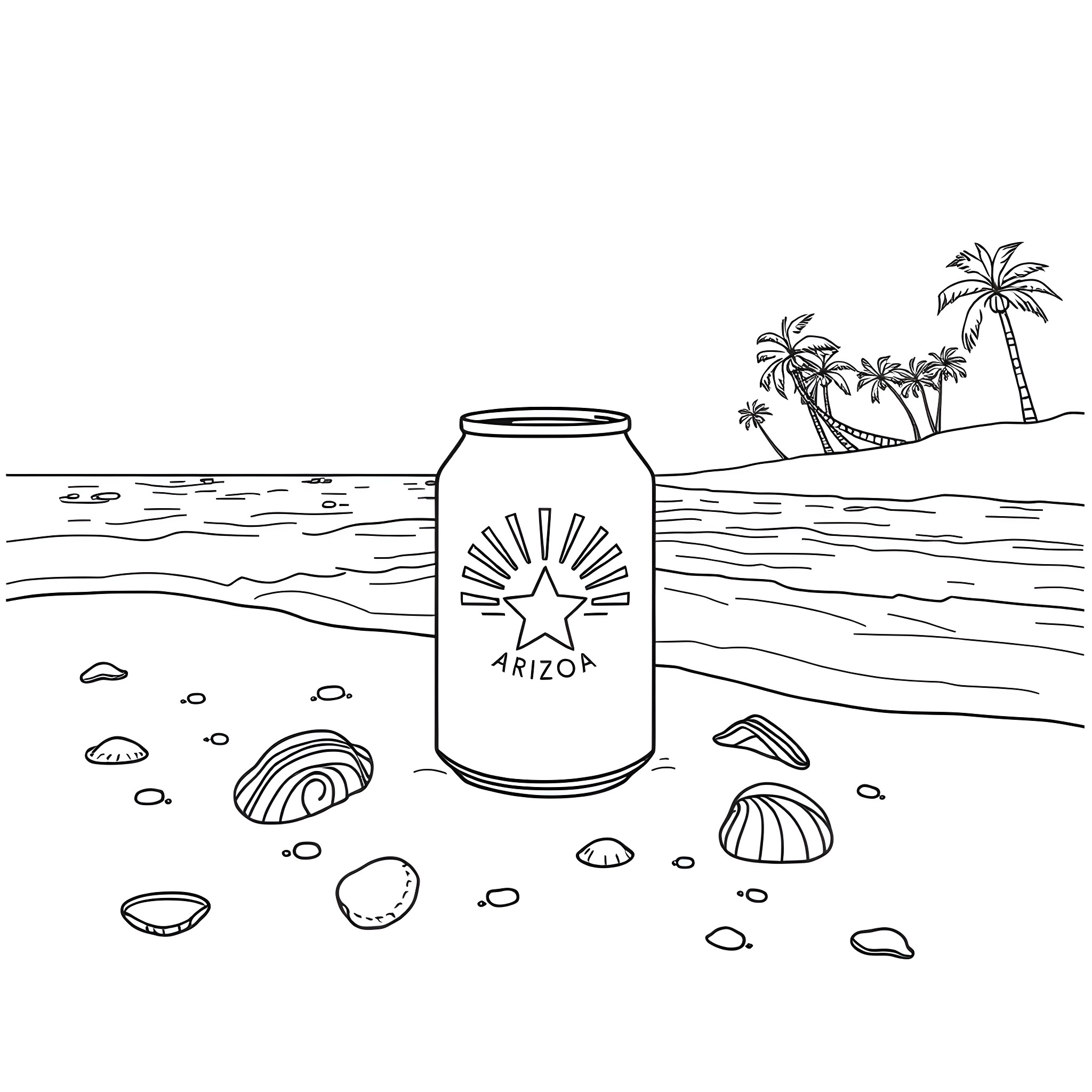 Can a refreshing beach scene with Arizona can Coloring Page (free black-and-white line drawing printable PDF for all, from beginners to advanced learners, including children, teens, adults, and seniors)