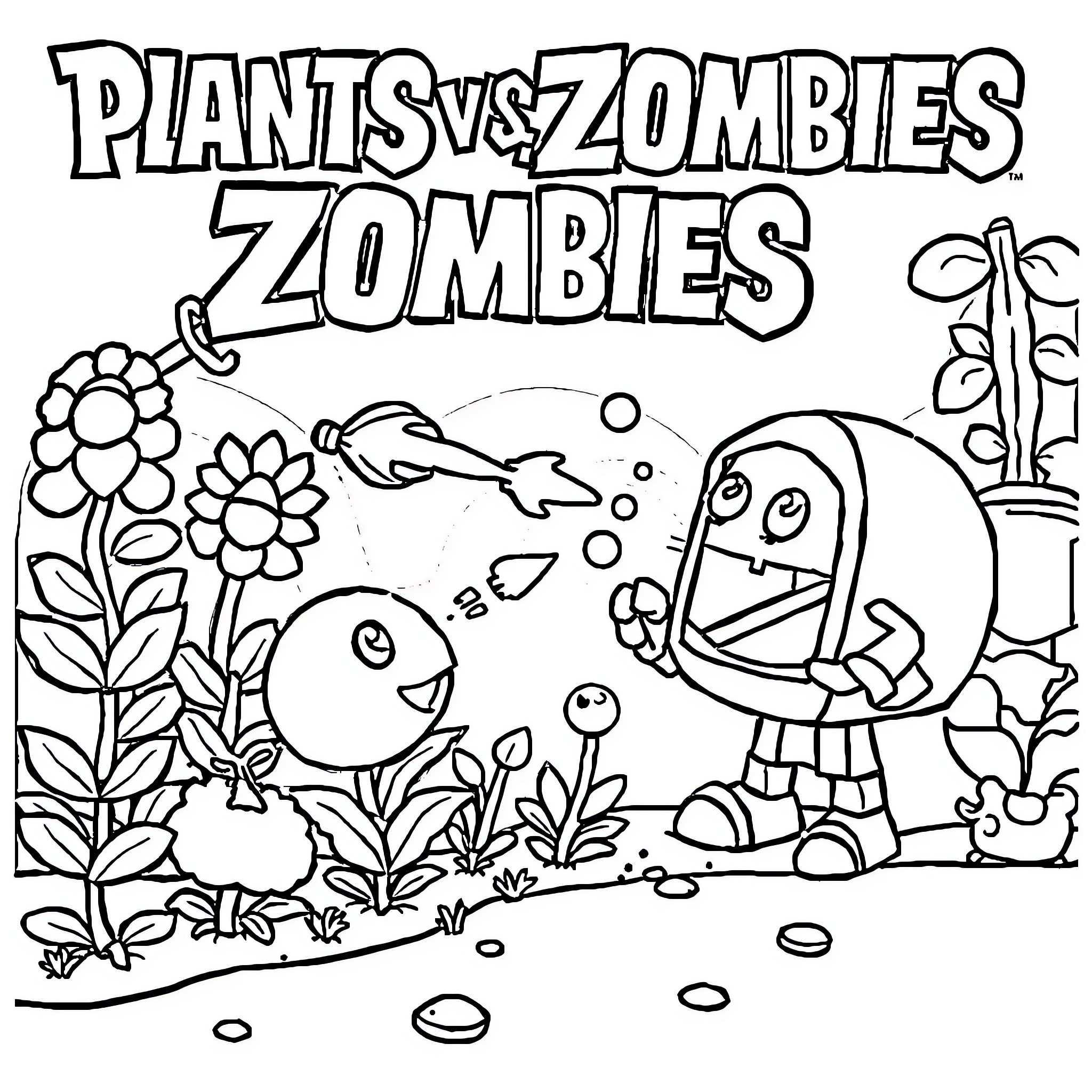 Plants vs Zombies Playful Scene Coloring Page (free black-and-white line drawing printable PDF for all, from beginners to advanced learners, including children, teens, adults, and seniors)