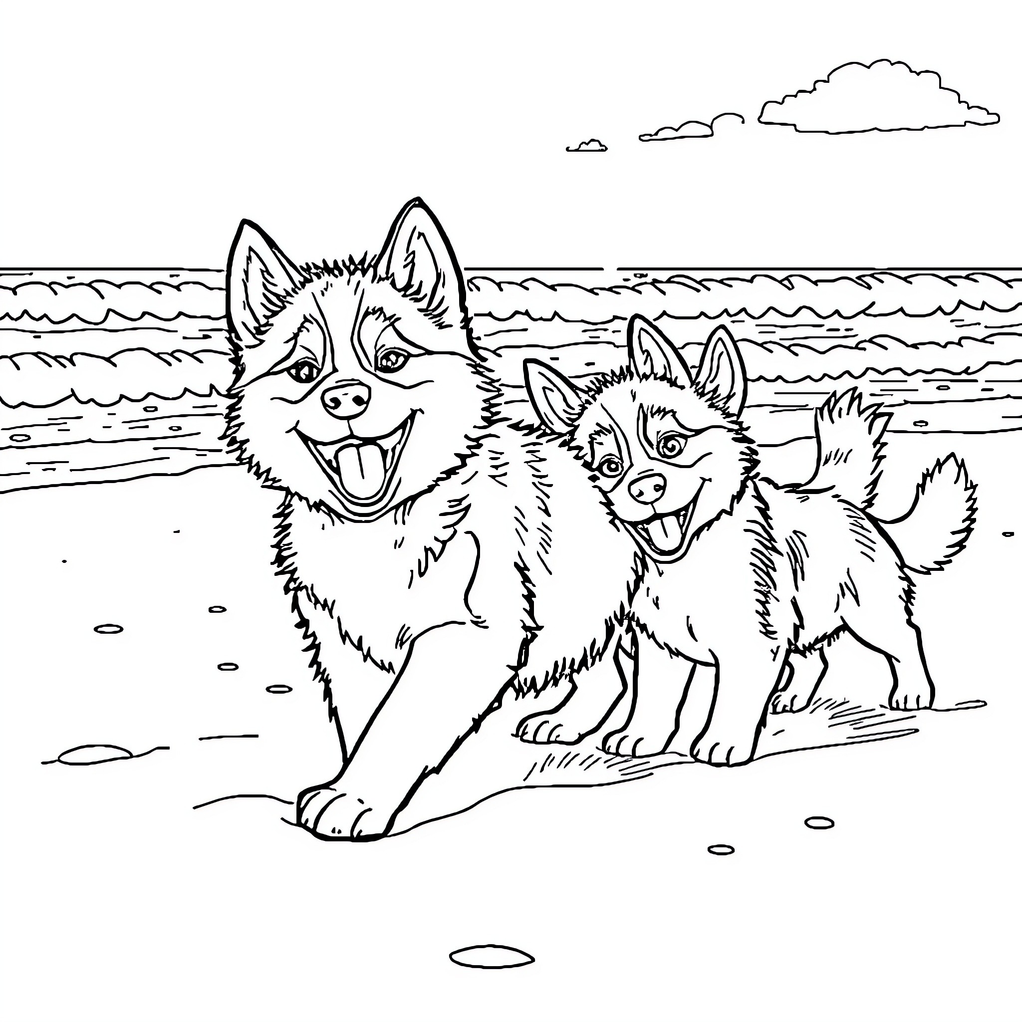 Husky Pups Frolicking on the Beach Coloring Page (free black-and-white line drawing printable PDF for all, from beginners to advanced learners, including children, teens, adults, and seniors)