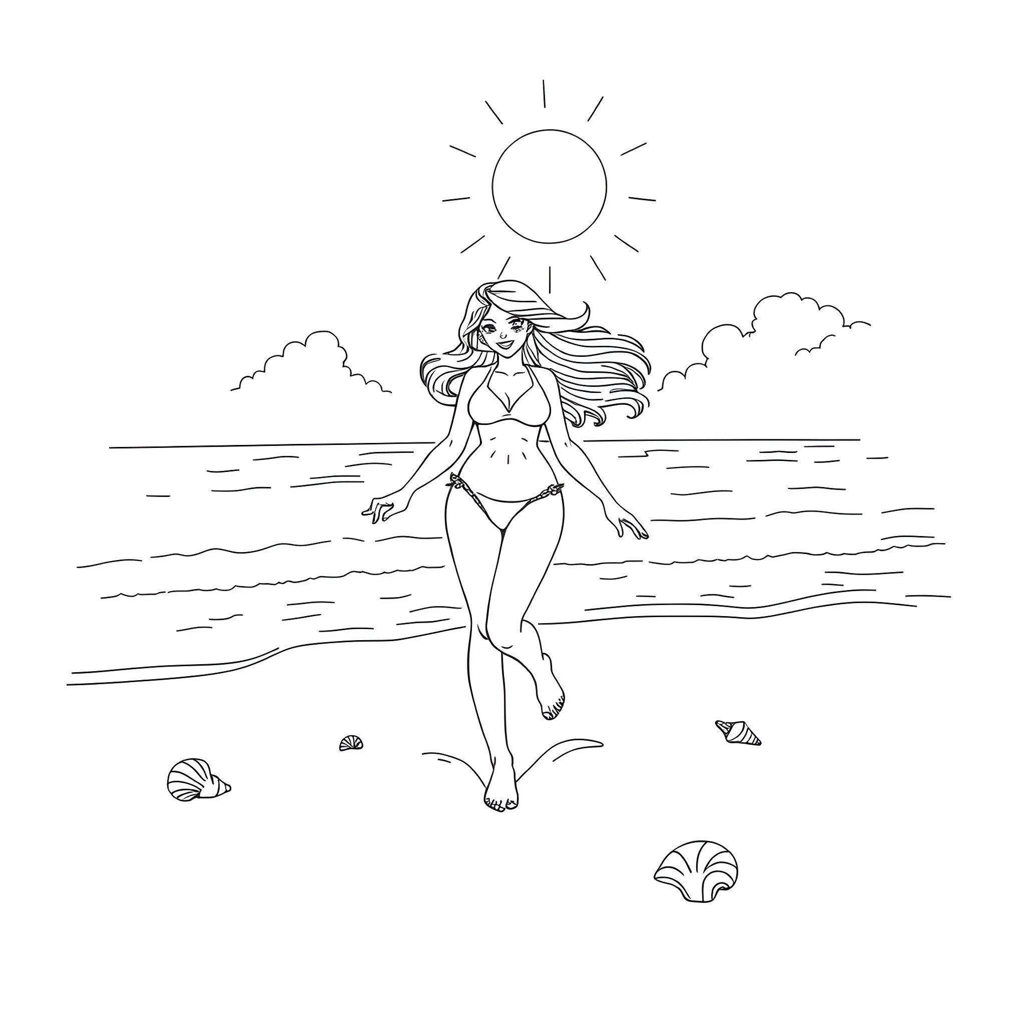 Mami enjoying a sunny day at the beach Coloring Page (free black-and-white line drawing printable PDF for all, from beginners to advanced learners, including children, teens, adults, and seniors)