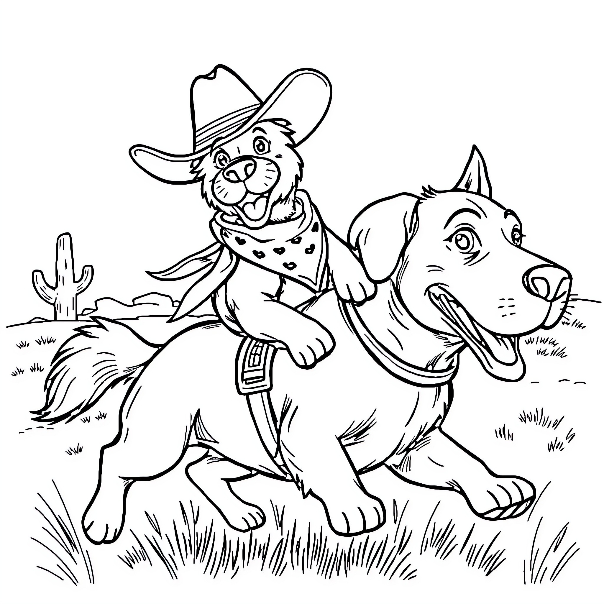 Dog in Cowboy Outfit Galloping Through Desert Coloring Page (free black-and-white line drawing printable PDF for all, from beginners to advanced learners, including children, teens, adults, and seniors)