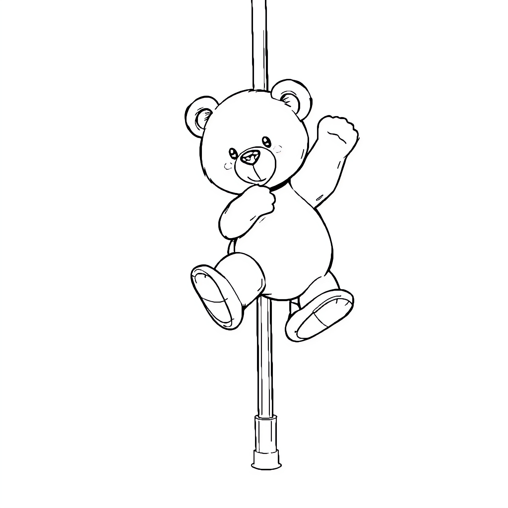 Teddy Bear Climbing Up a Pole Coloring Page (free black-and-white line drawing printable PDF for all, from beginners to advanced learners, including children, teens, adults, and seniors)