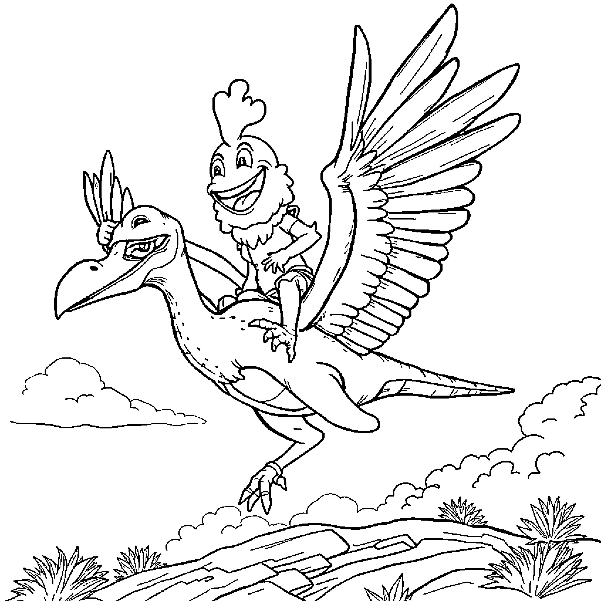 Pterodactyl riding a dinosaur in the sky Coloring Page (free black-and-white line drawing printable PDF for all, from beginners to advanced learners, including children, teens, adults, and seniors)