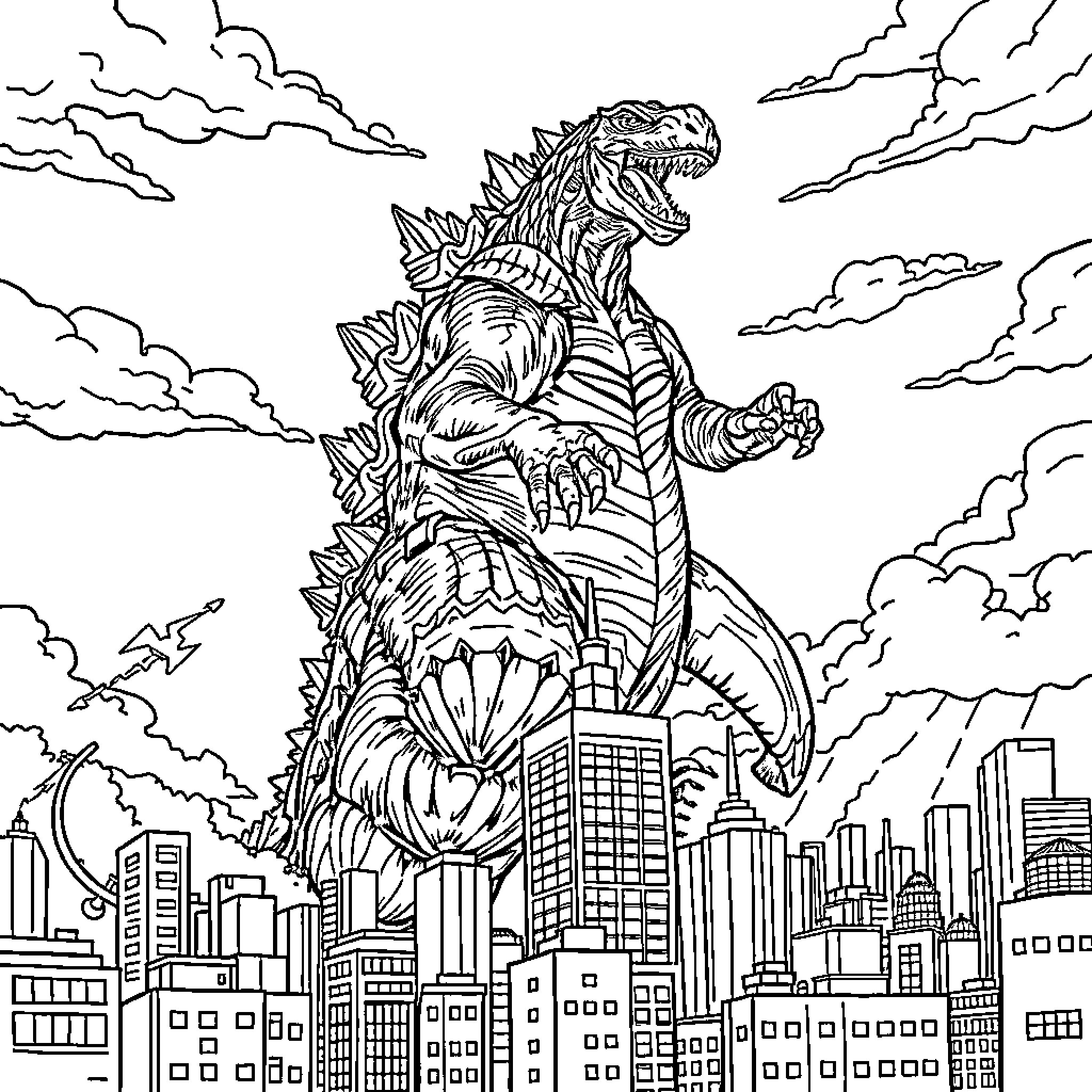 Godzilla rampaging through a city Coloring Page (free black-and-white line drawing printable PDF for all, from beginners to advanced learners, including children, teens, adults, and seniors)