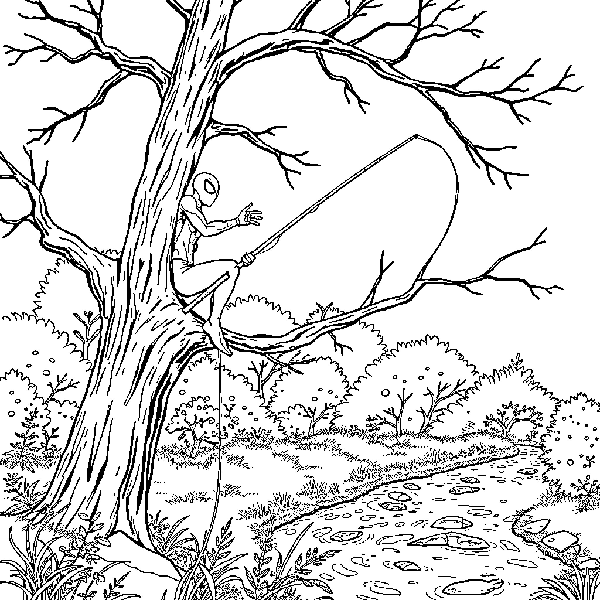Spiderman climbing on a tree in the forest Coloring Page (free black-and-white line drawing printable PDF for all, from beginners to advanced learners, including children, teens, adults, and seniors)