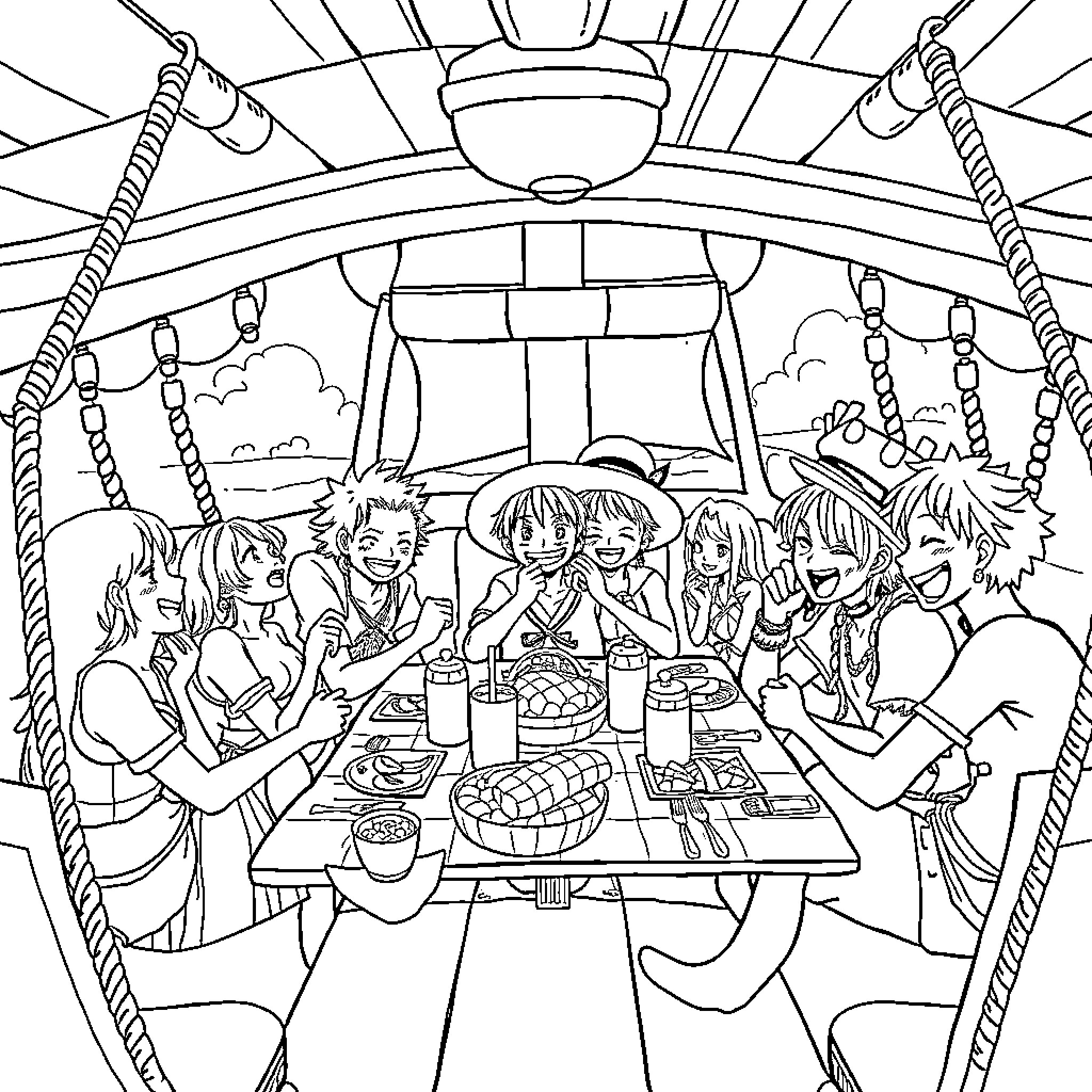 One Piece Crew Enjoying a Feast Together Coloring Page (free black-and-white line drawing printable PDF for all, from beginners to advanced learners, including children, teens, adults, and seniors)