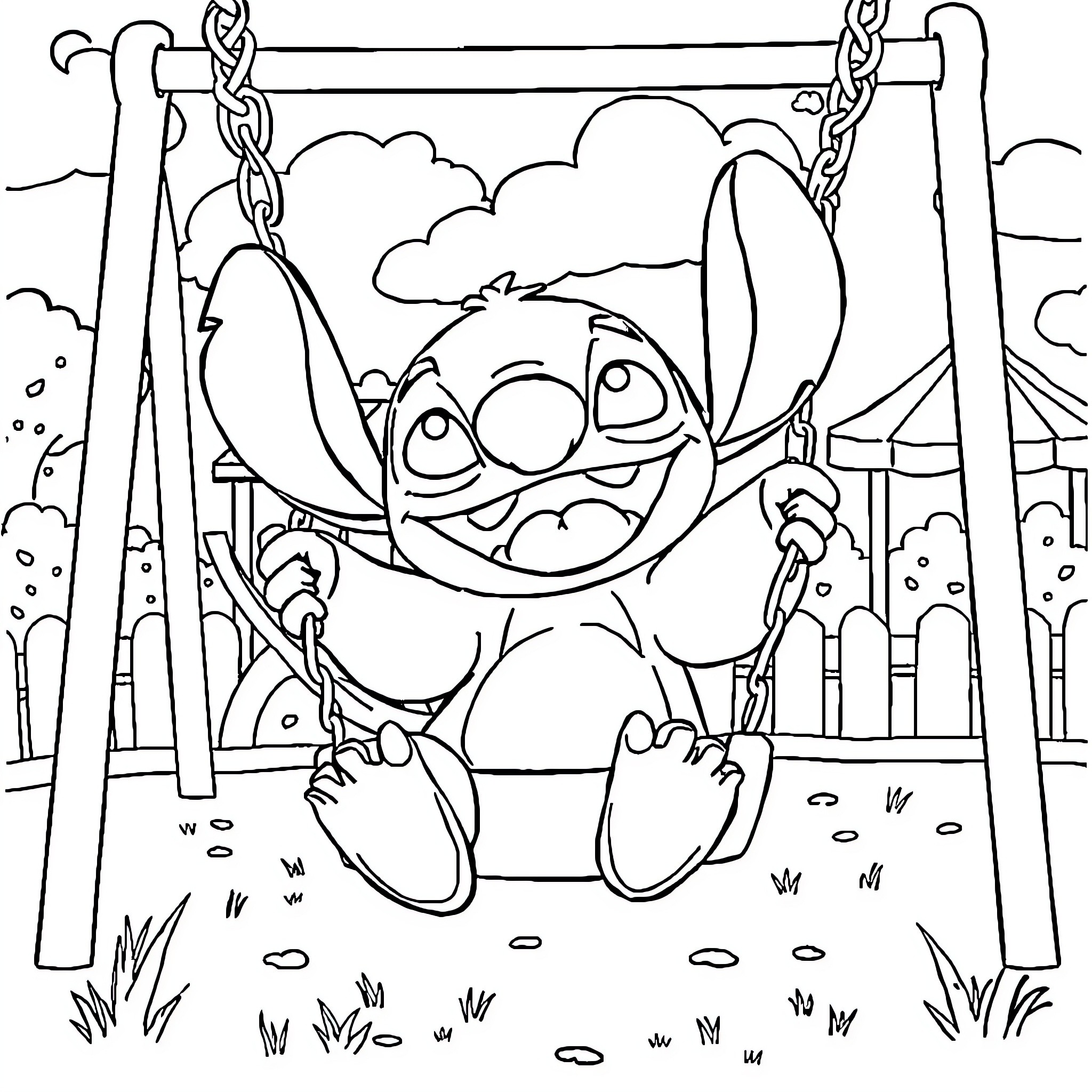 Stitch swinging happily on a playground Coloring Page (free black-and-white line drawing printable PDF for all, from beginners to advanced learners, including children, teens, adults, and seniors)