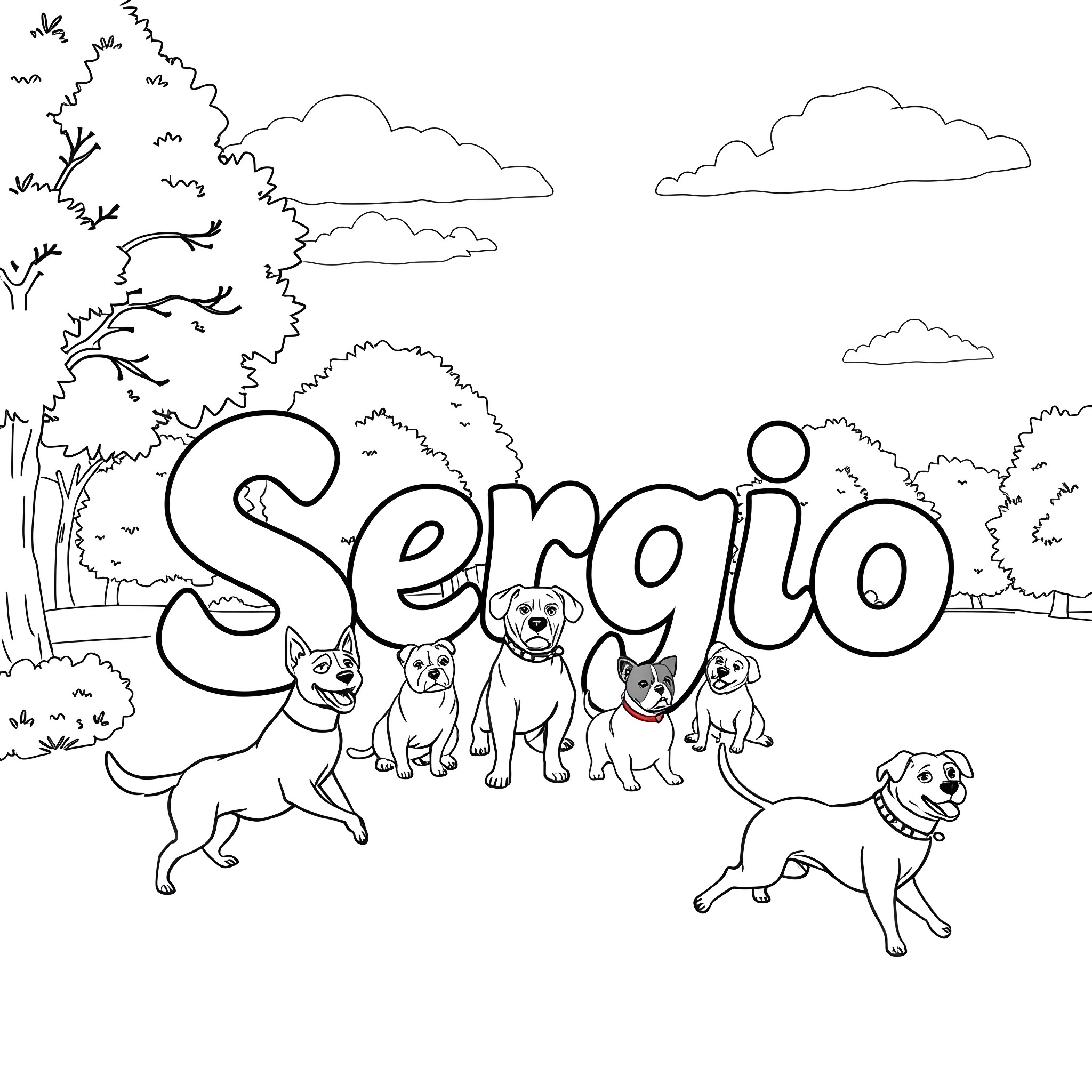 Sergio and his happy dogs enjoying the outdoors Coloring Page (free black-and-white line drawing printable PDF for all, from beginners to advanced learners, including children, teens, adults, and seniors)