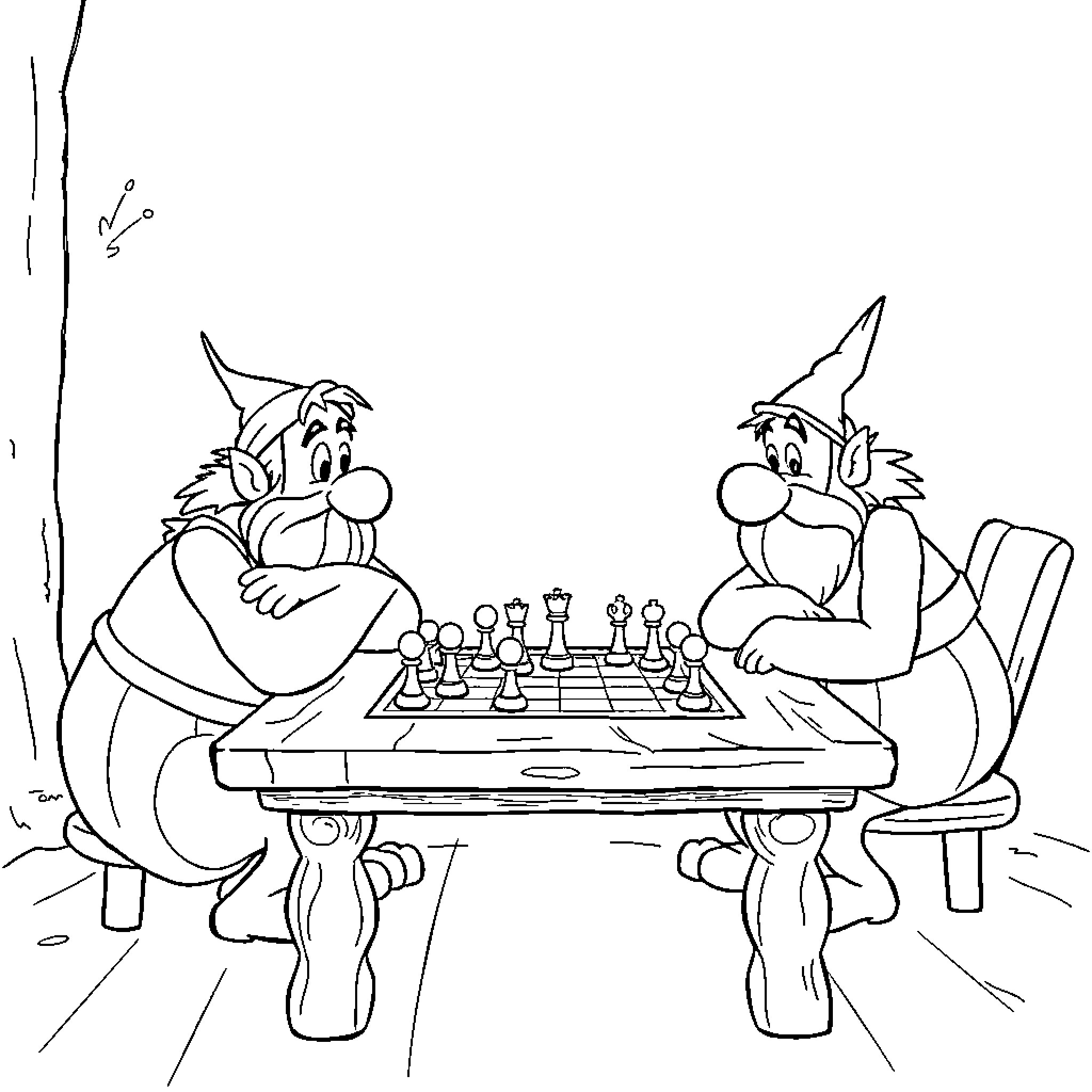 Asterix and Obelix playing chess in the village Coloring Page (free black-and-white line drawing printable PDF for all, from beginners to advanced learners, including children, teens, adults, and seniors)