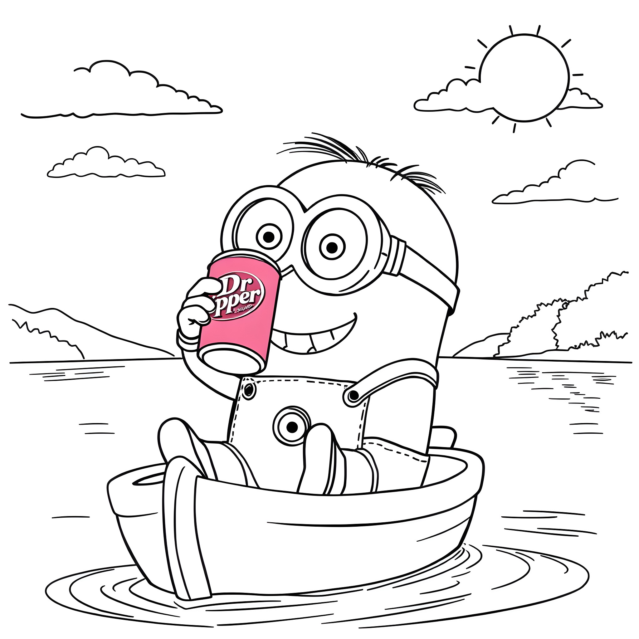 Minion enjoying a boat ride on a sunny day Coloring Page (free black-and-white line drawing printable PDF for all, from beginners to advanced learners, including children, teens, adults, and seniors)