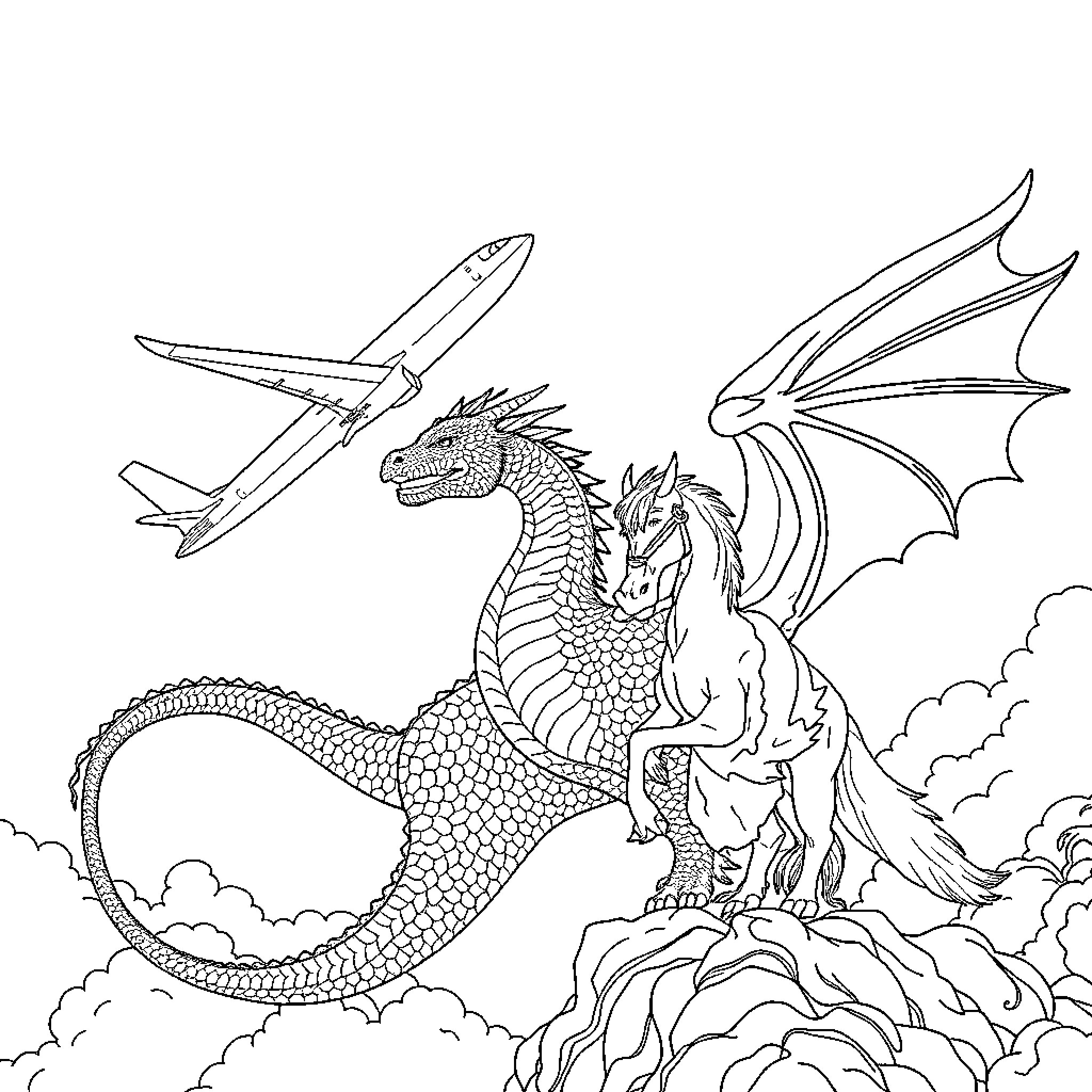 Plane soaring over a majestic dragon in the clouds Coloring Page (free black-and-white line drawing printable PDF for all, from beginners to advanced learners, including children, teens, adults, and seniors)