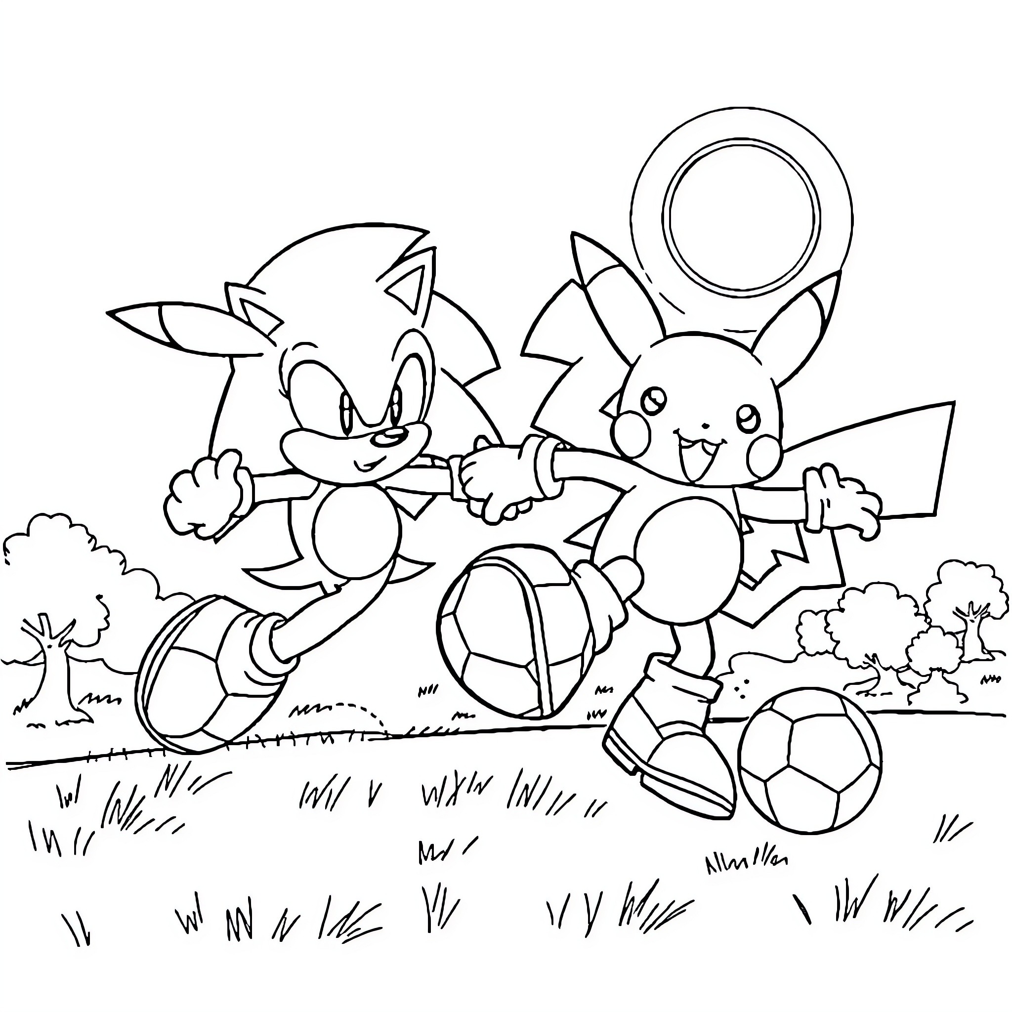 Sonic and Friends Playing Happily Outdoors Coloring Page (free black-and-white line drawing printable PDF for all, from beginners to advanced learners, including children, teens, adults, and seniors)
