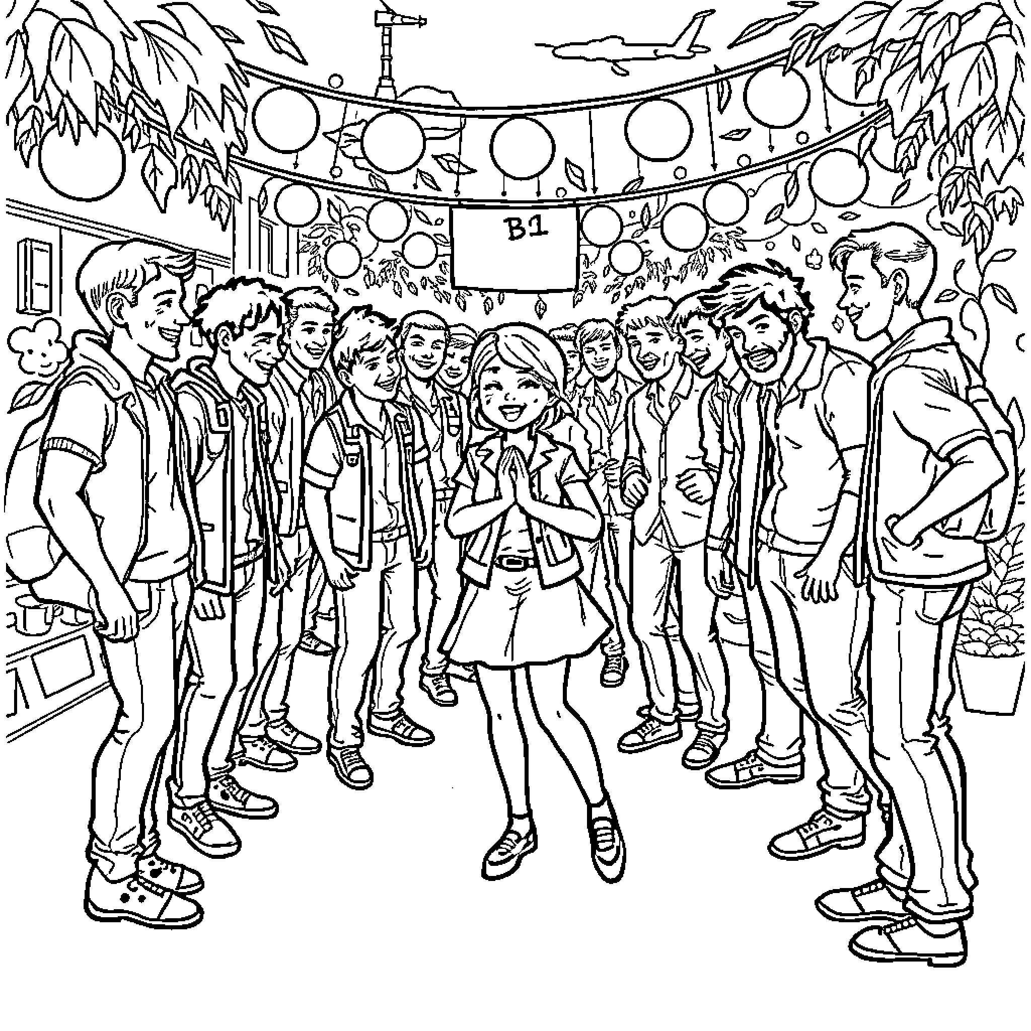 Woman celebrating with a group of people outdoors Coloring Page (free black-and-white line drawing printable PDF for all, from beginners to advanced learners, including children, teens, adults, and seniors)