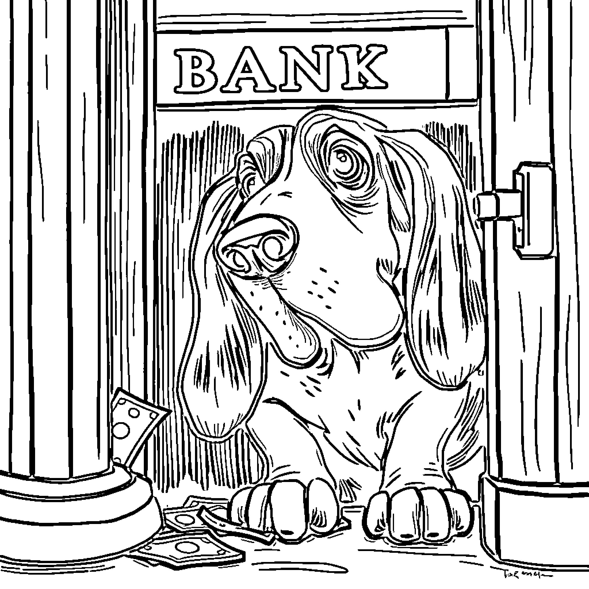 Basset Hound waiting patiently outside the bank Coloring Page (free black-and-white line drawing printable PDF for all, from beginners to advanced learners, including children, teens, adults, and seniors)