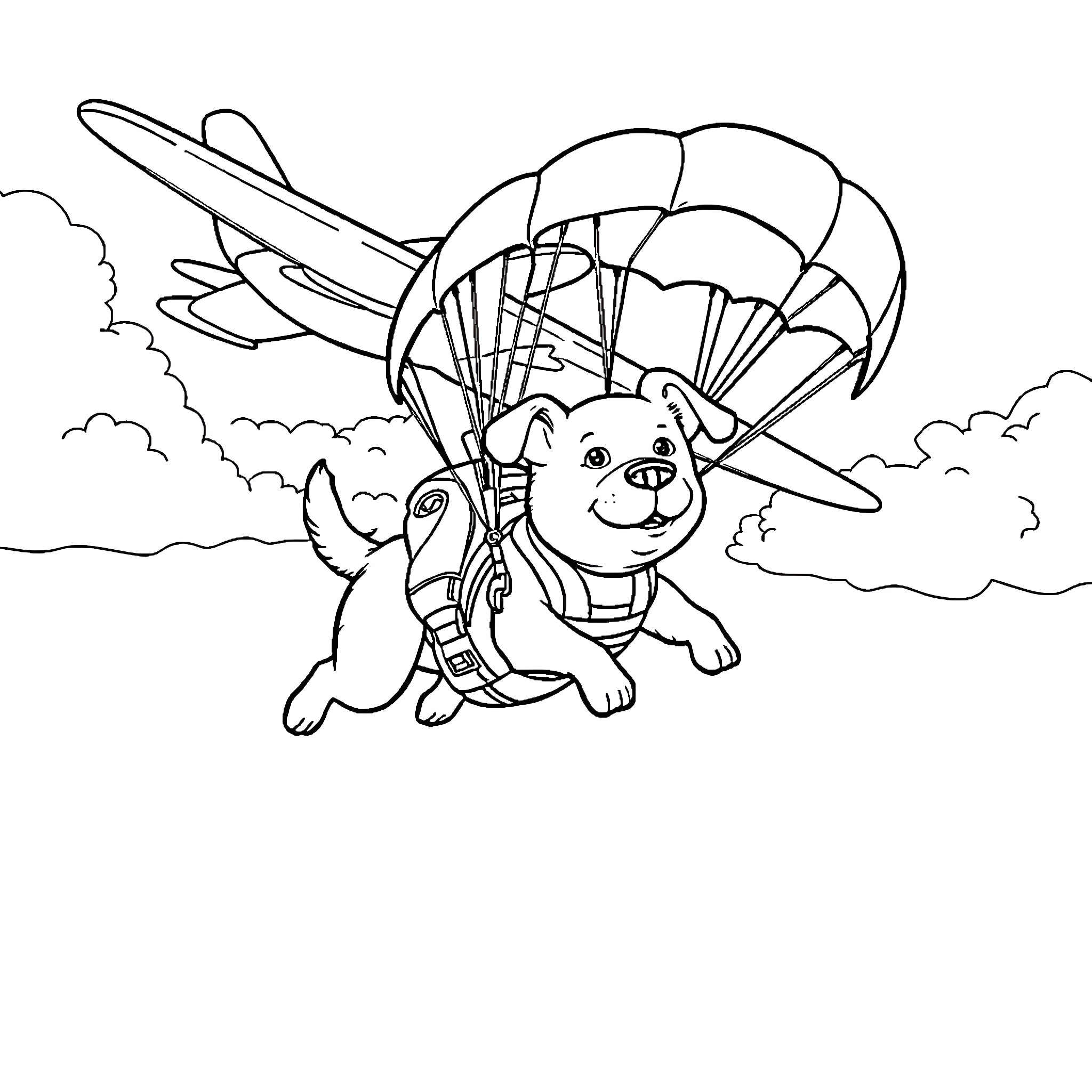 Dog parachuting through the sky Coloring Page (free black-and-white line drawing printable PDF for all, from beginners to advanced learners, including children, teens, adults, and seniors)