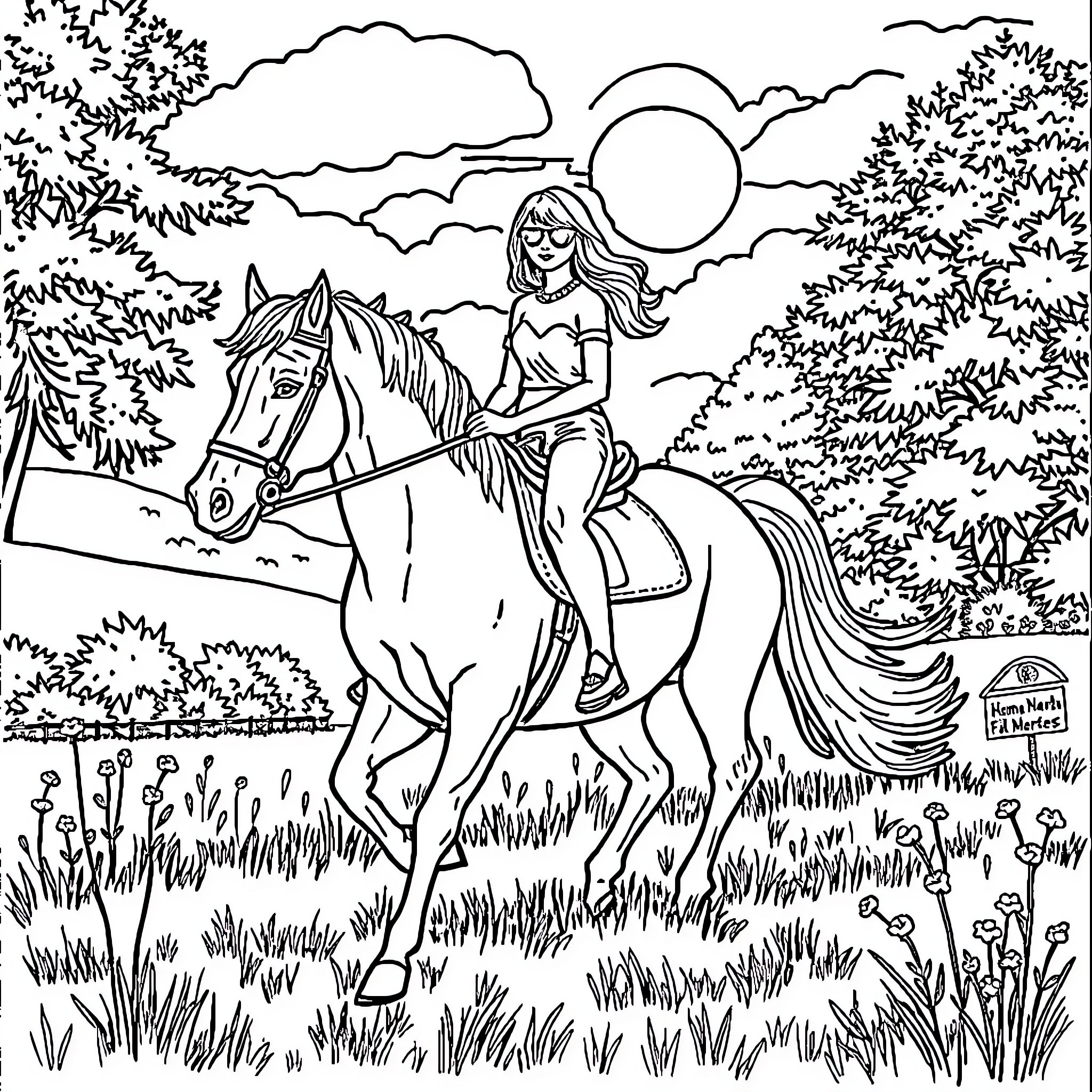 Taylor Swift riding a horse in a serene countryside landscape Coloring Page (free black-and-white line drawing printable PDF for all, from beginners to advanced learners, including children, teens, adults, and seniors)