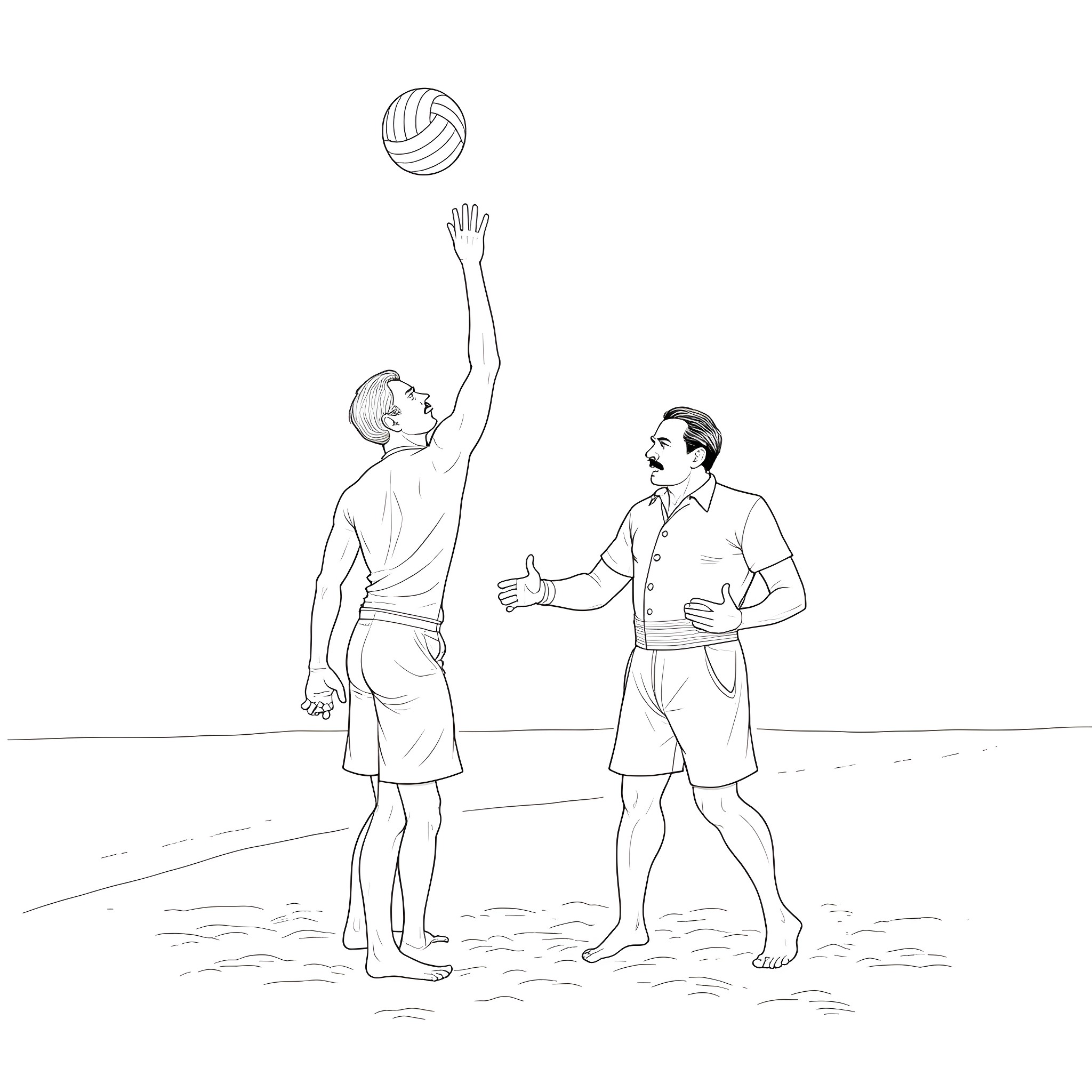 Yakuza volleyball match on the beach Coloring Page (free black-and-white line drawing printable PDF for all, from beginners to advanced learners, including children, teens, adults, and seniors)