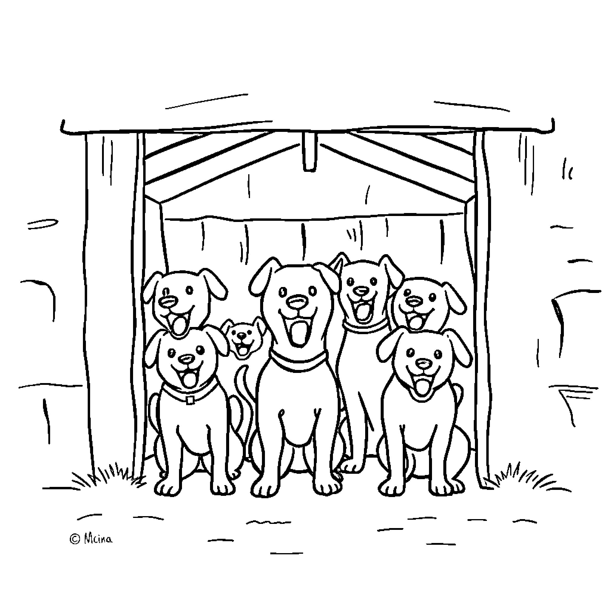 Dogs sitting happily under a shelter Coloring Page (free black-and-white line drawing printable PDF for all, from beginners to advanced learners, including children, teens, adults, and seniors)