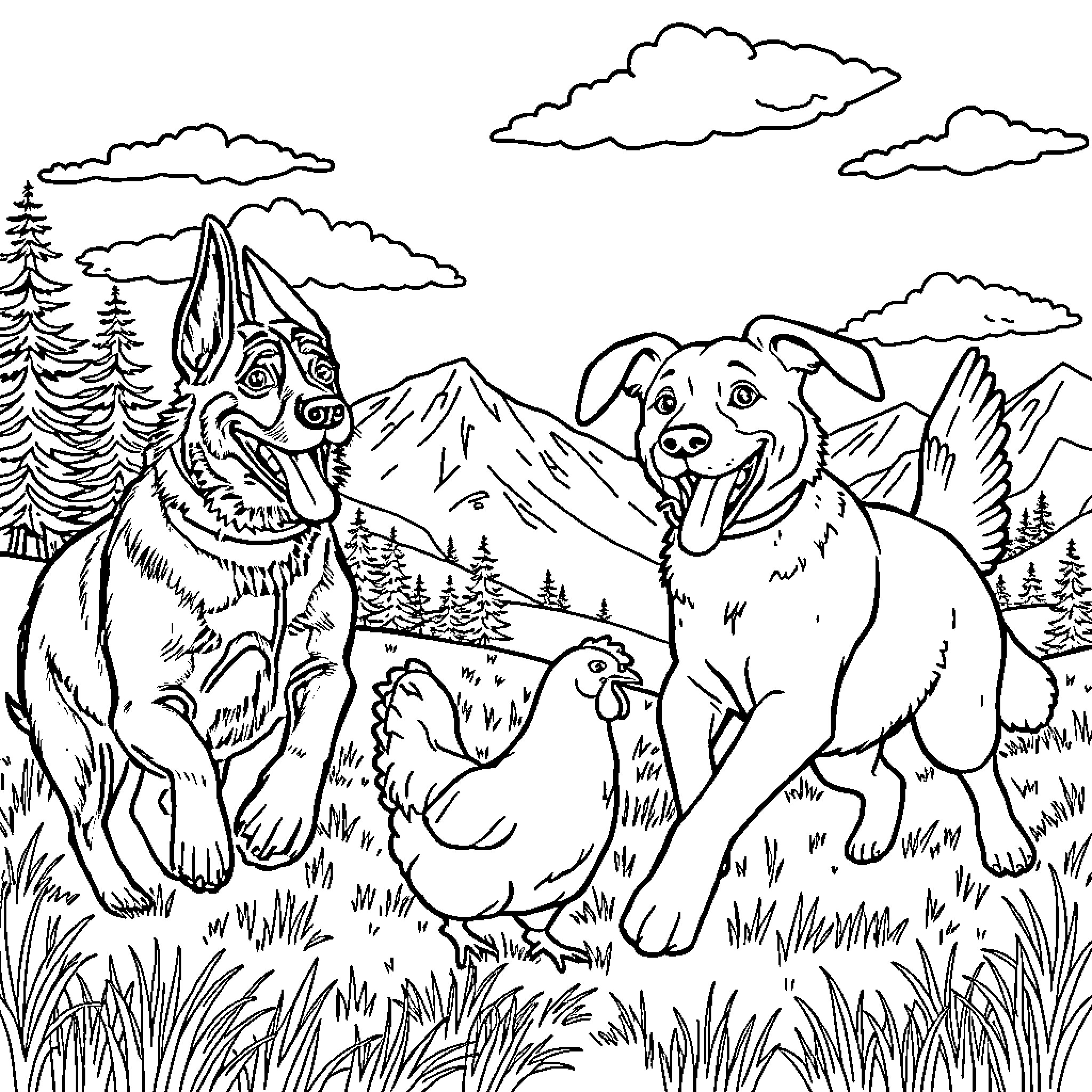 Dog companions exploring the mountainous countryside Coloring Page (free black-and-white line drawing printable PDF for all, from beginners to advanced learners, including children, teens, adults, and seniors)