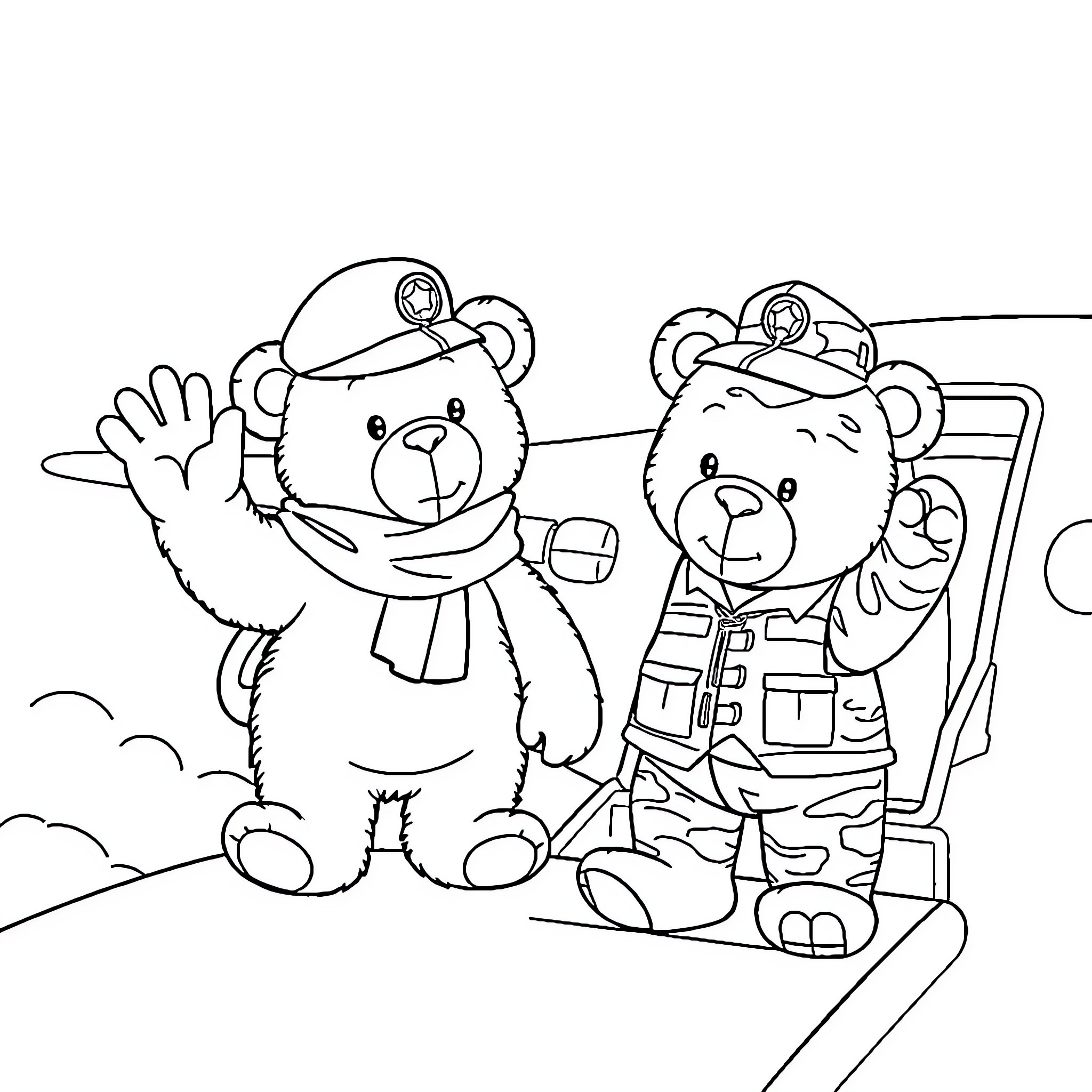 Teddy Bears in Adventurous Outfits Coloring Page (free black-and-white line drawing printable PDF for all, from beginners to advanced learners, including children, teens, adults, and seniors)