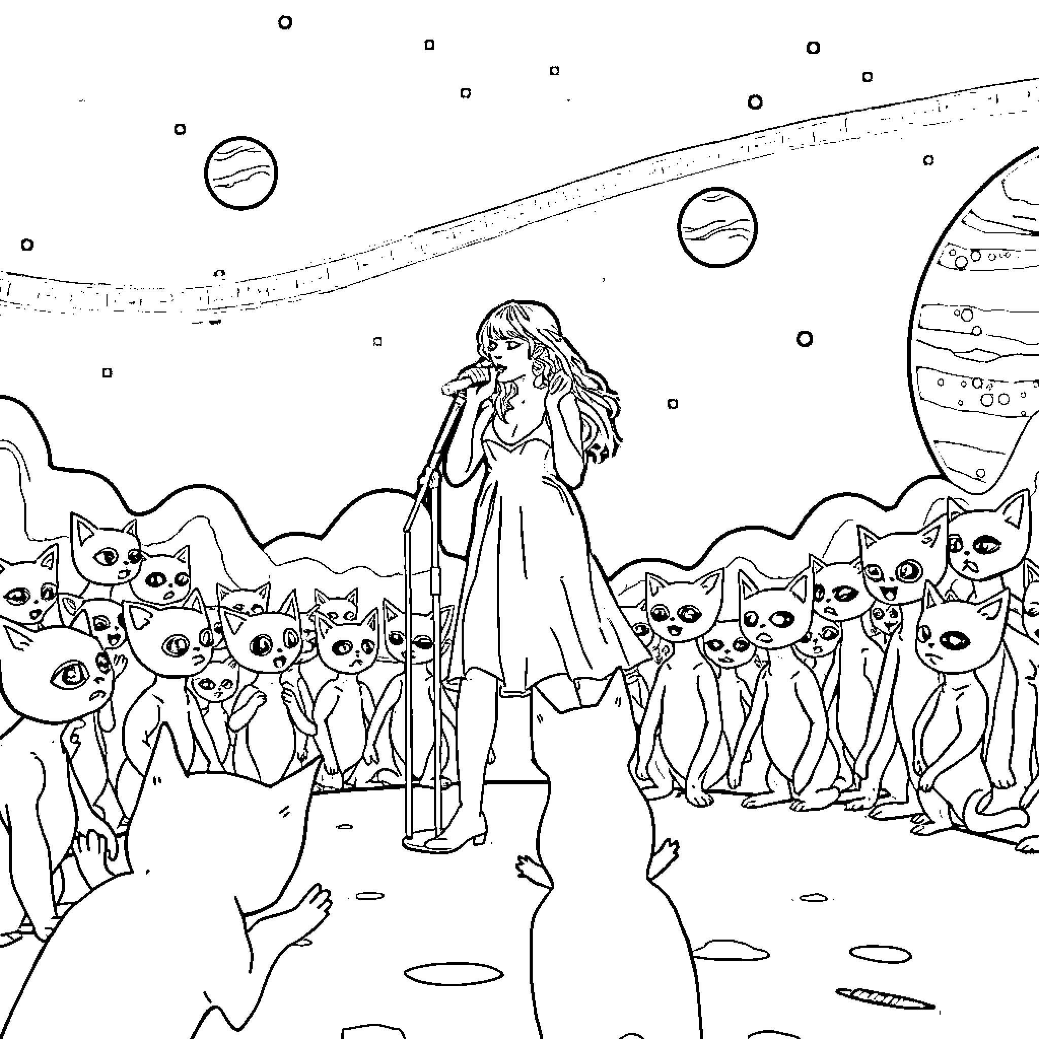 Taylor Swift surrounded by playful cats in a cosmic setting Coloring Page (free black-and-white line drawing printable PDF for all, from beginners to advanced learners, including children, teens, adults, and seniors)