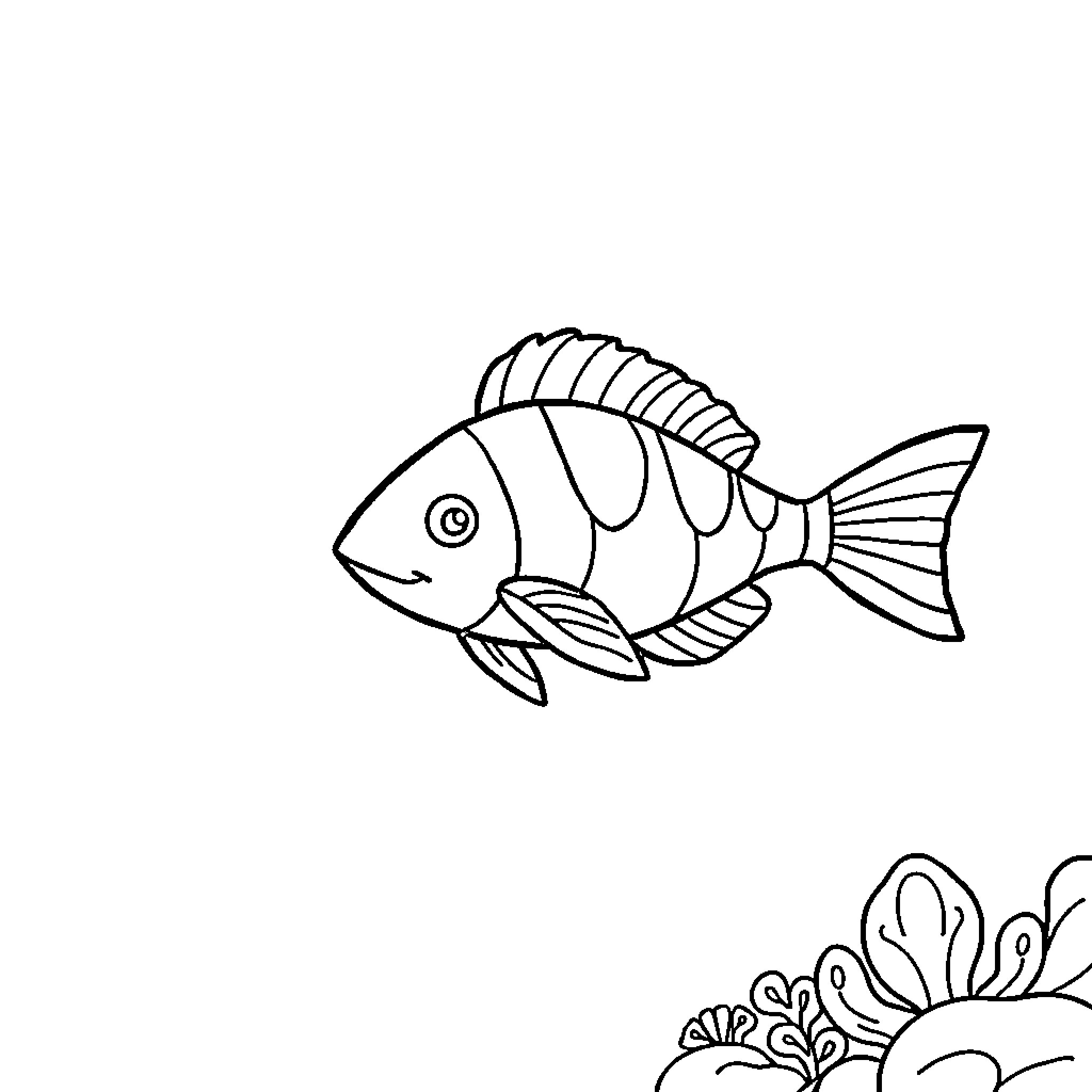 Sea Creature swimming through vibrant underwater scene Coloring Page (free black-and-white line drawing printable PDF for all, from beginners to advanced learners, including children, teens, adults, and seniors)