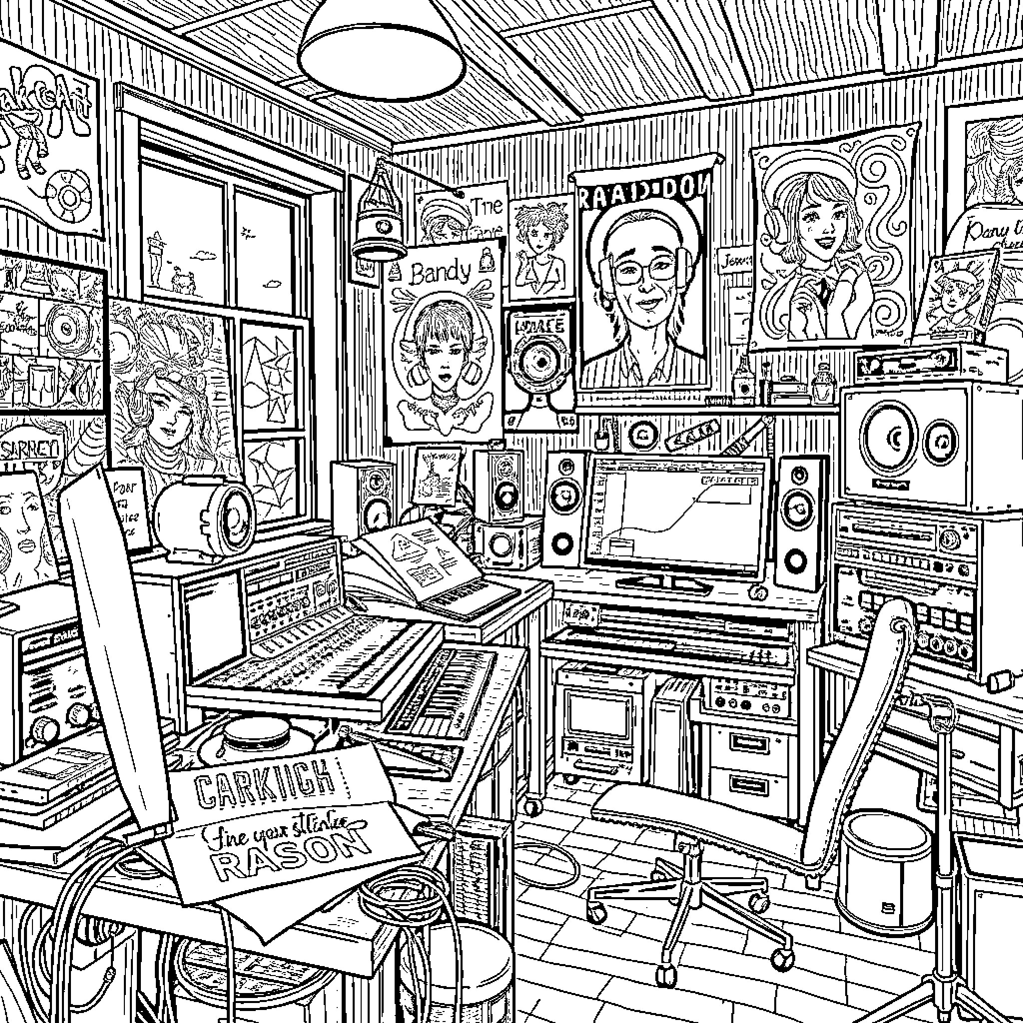 Radiomaker's Music Studio with Retro Decor Coloring Page (free black-and-white line drawing printable PDF for all, from beginners to advanced learners, including children, teens, adults, and seniors)