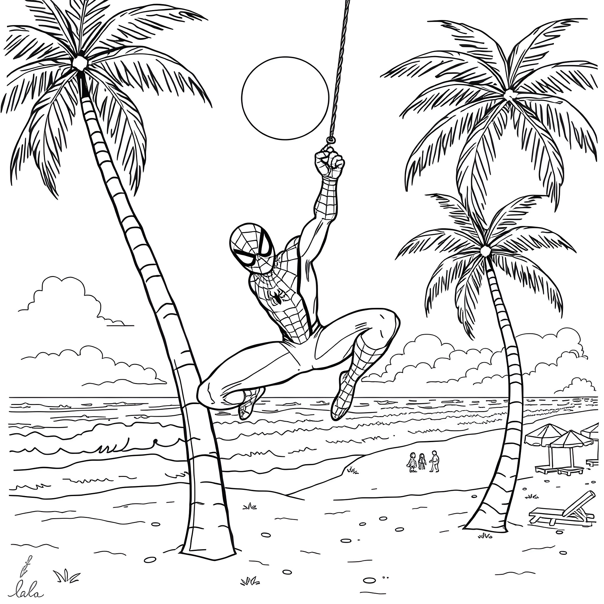 Spidey swinging from palm trees on a tropical beach Coloring Page (free black-and-white line drawing printable PDF for all, from beginners to advanced learners, including children, teens, adults, and seniors)