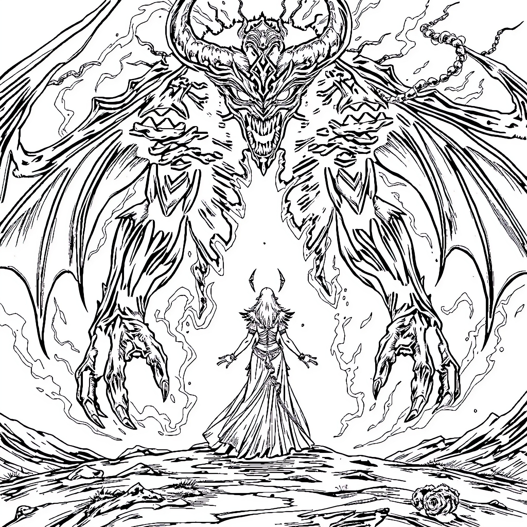 Arturia Pendragon confronting the fearsome demonic entity Coloring Page (free black-and-white line drawing printable PDF for all, from beginners to advanced learners, including children, teens, adults, and seniors)