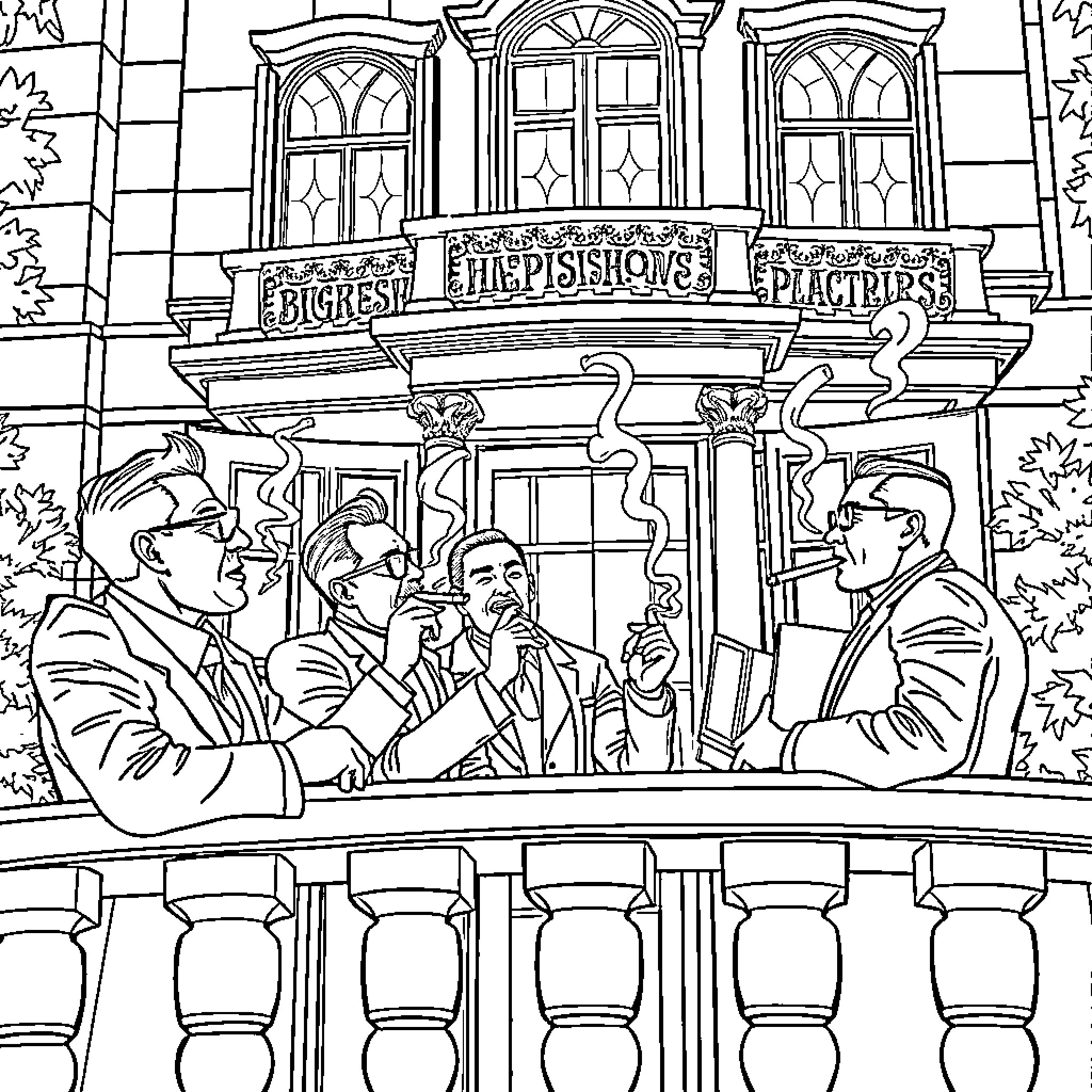 Guy hanging out with friends outside the Pieshop Coloring Page (free black-and-white line drawing printable PDF for all, from beginners to advanced learners, including children, teens, adults, and seniors)