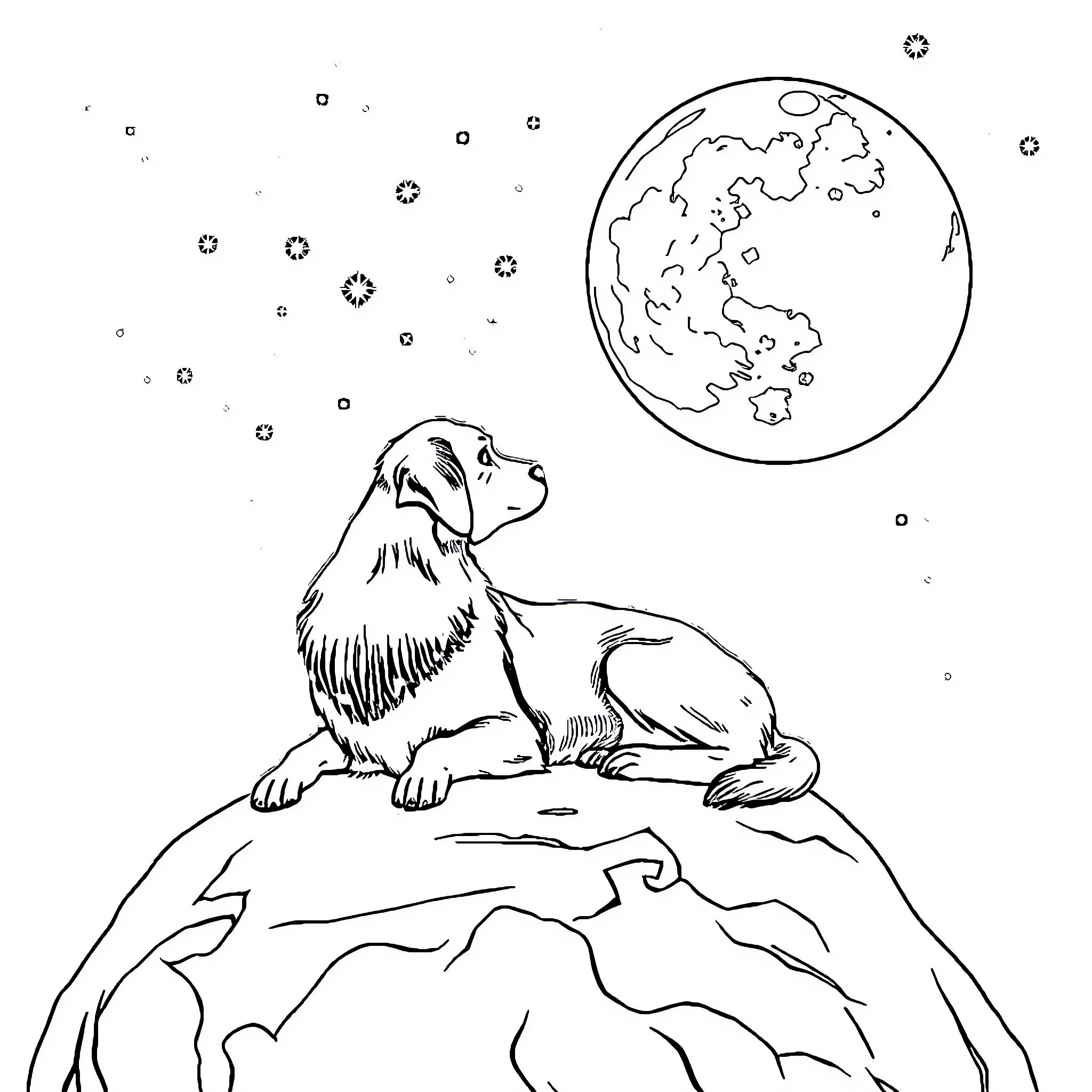 Dog gazing at the Earth in the night sky Coloring Page (free black-and-white line drawing printable PDF for all, from beginners to advanced learners, including children, teens, adults, and seniors)