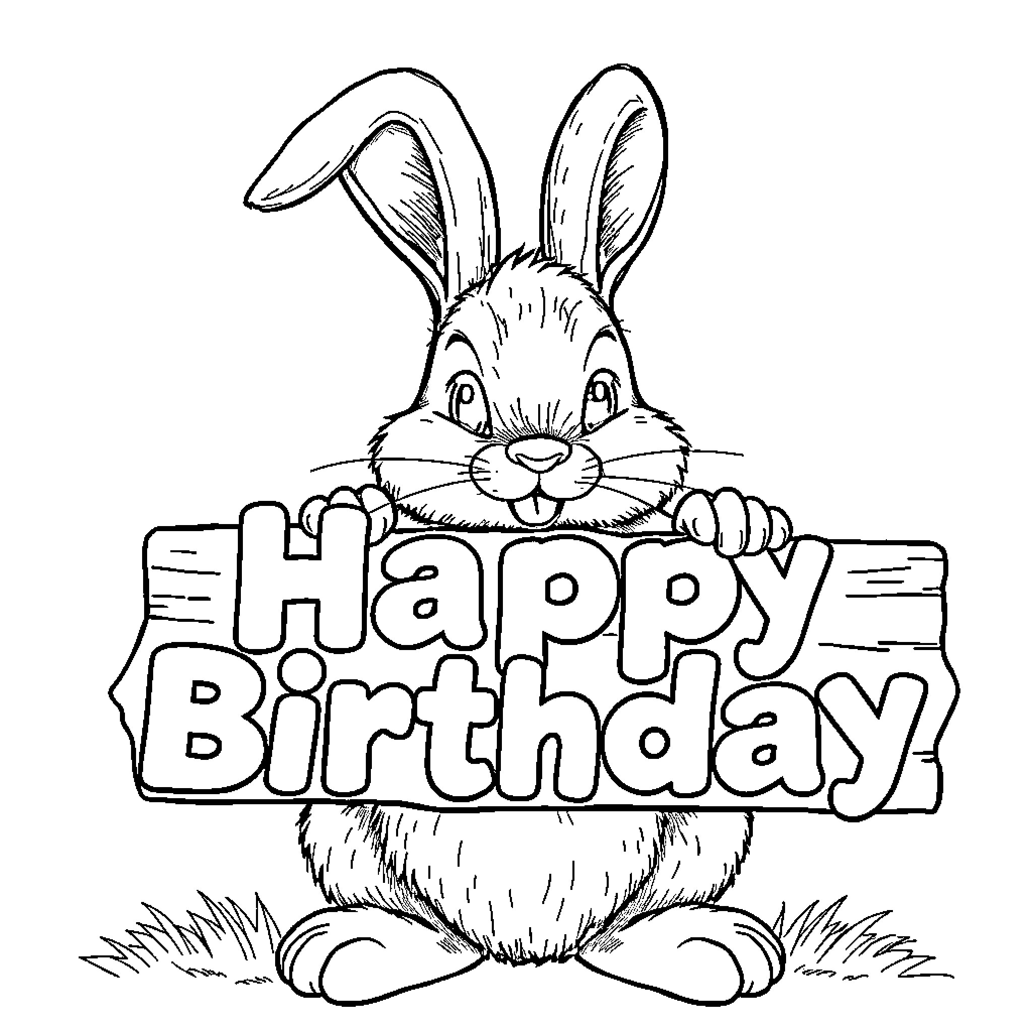 Bunny holding 'Happy Birthday' sign Coloring Page (free black-and-white line drawing printable PDF for all, from beginners to advanced learners, including children, teens, adults, and seniors)