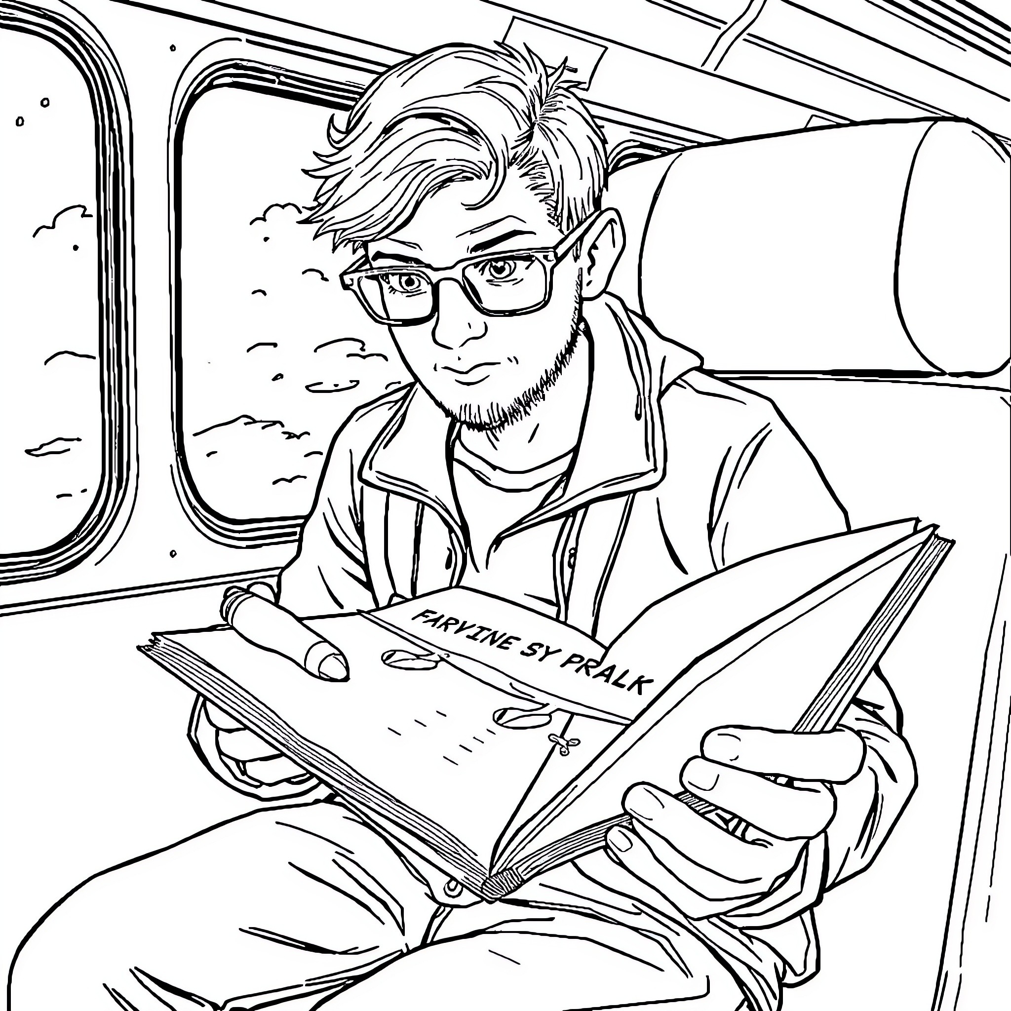 Nerd reading a book on the bus Coloring Page (free black-and-white line drawing printable PDF for all, from beginners to advanced learners, including children, teens, adults, and seniors)