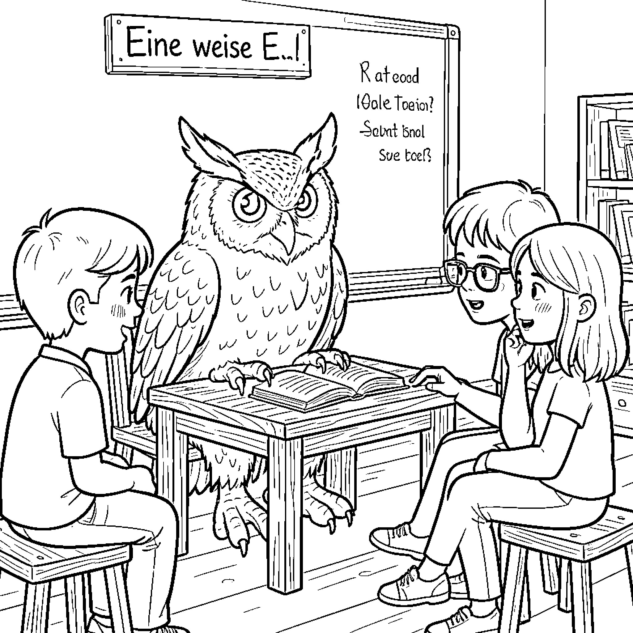 Owl Interacting with Students in Classroom Coloring Page (free black-and-white line drawing printable PDF for all, from beginners to advanced learners, including children, teens, adults, and seniors)