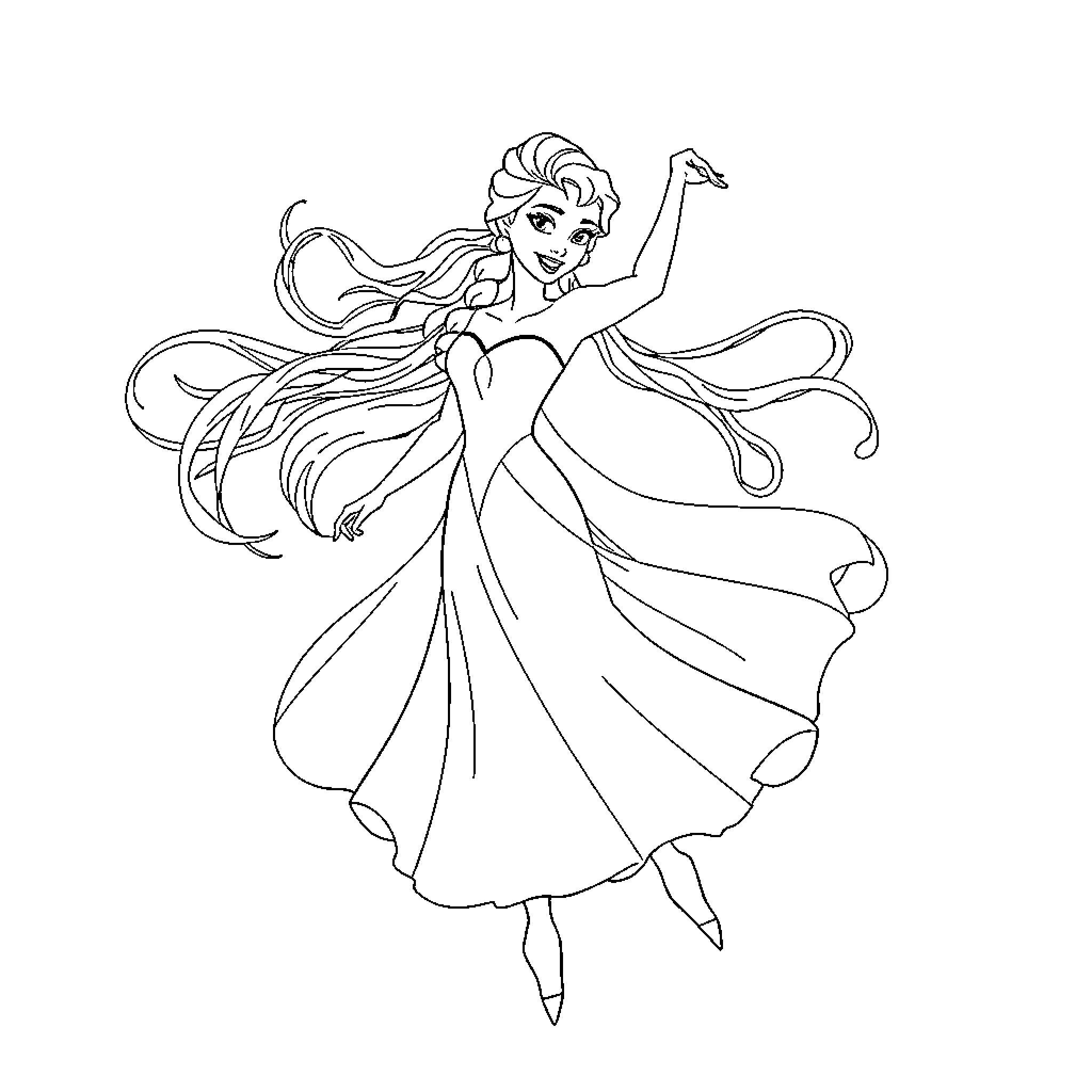 Elsa dancing gracefully in her flowing gown Coloring Page (free black-and-white line drawing printable PDF for all, from beginners to advanced learners, including children, teens, adults, and seniors)