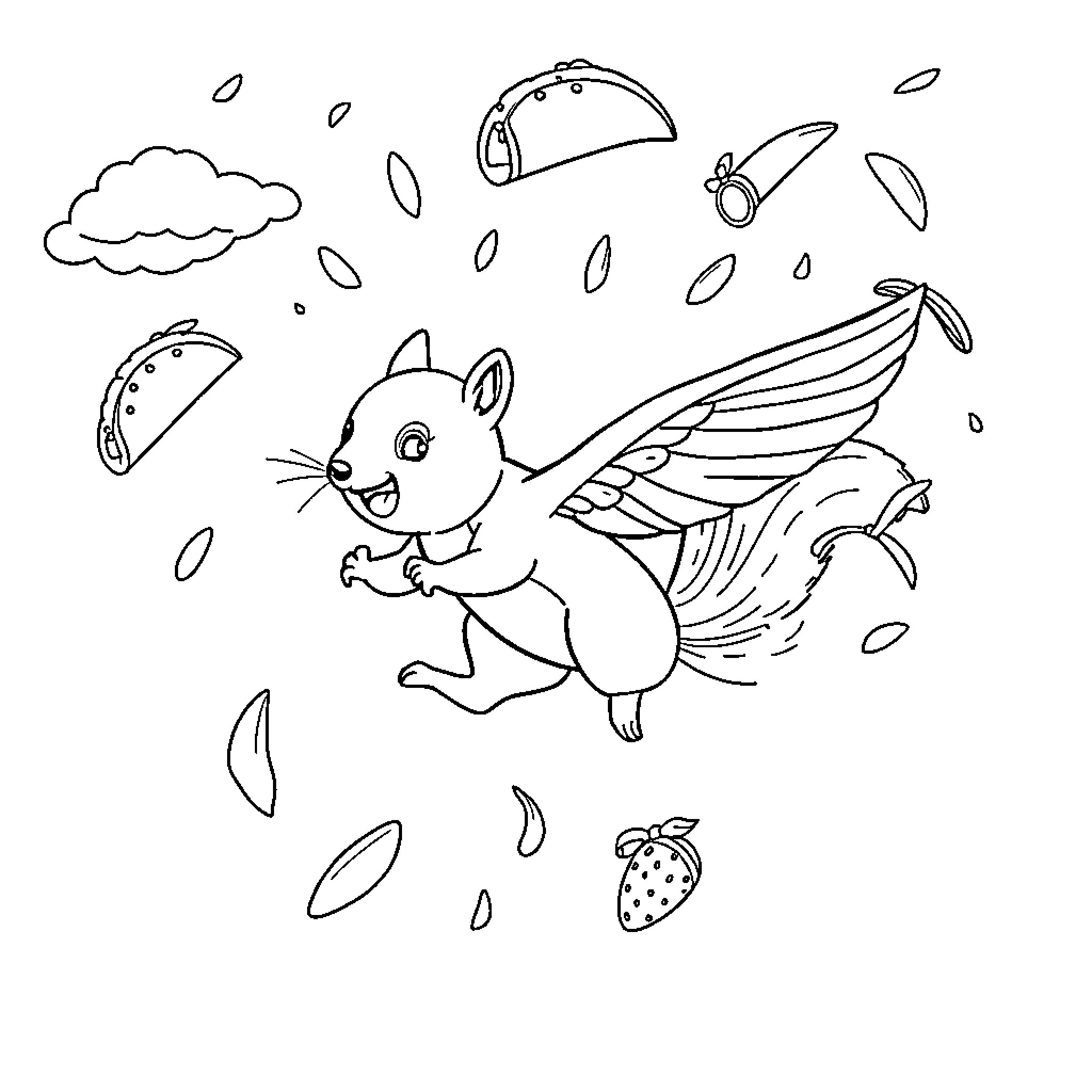 Taco the Winged Squirrel in the Rainy Day Adventure Coloring Page (free black-and-white line drawing printable PDF for all, from beginners to advanced learners, including children, teens, adults, and seniors)