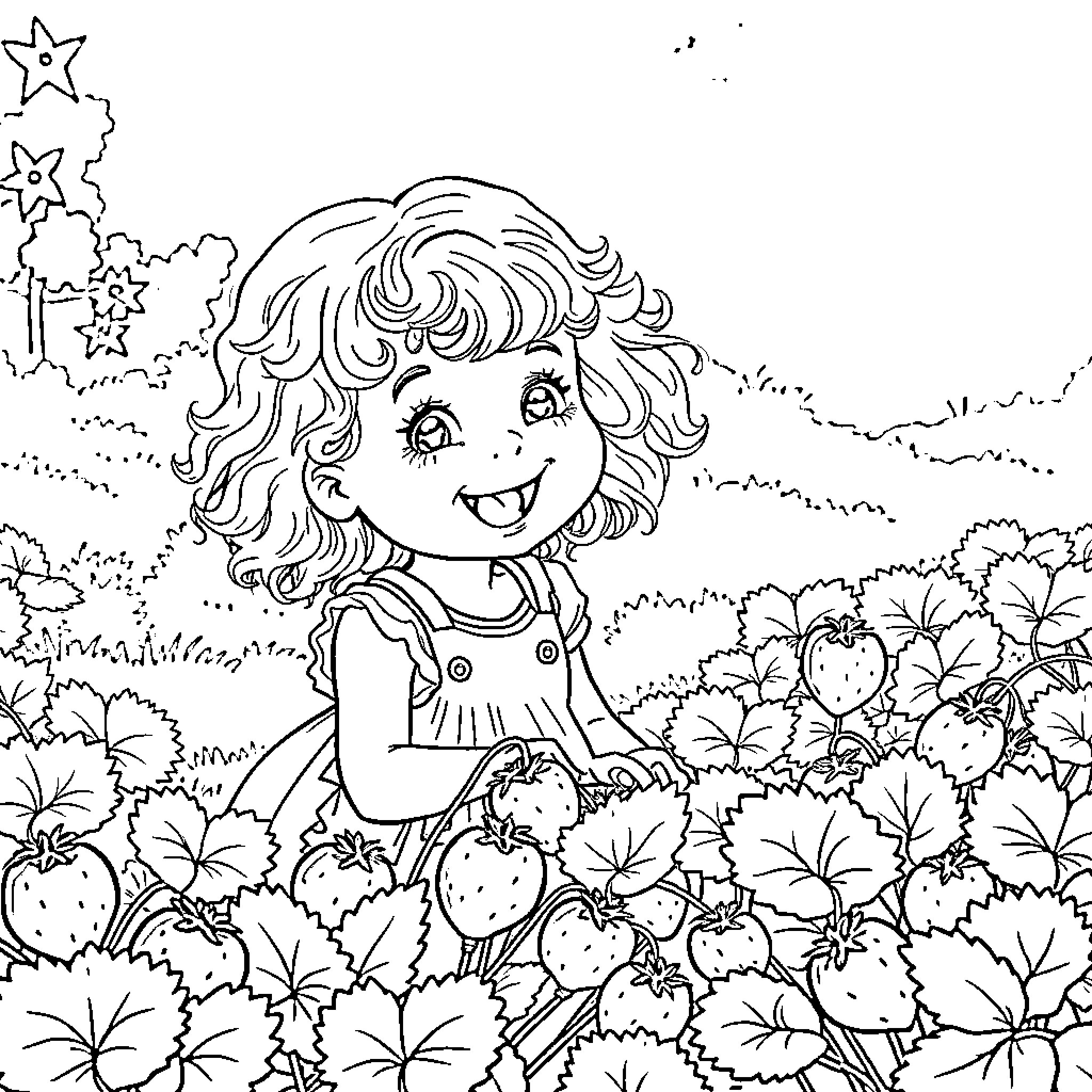 Girl playing in a strawberry patch with flowers Coloring Page (free black-and-white line drawing printable PDF for all, from beginners to advanced learners, including children, teens, adults, and seniors)