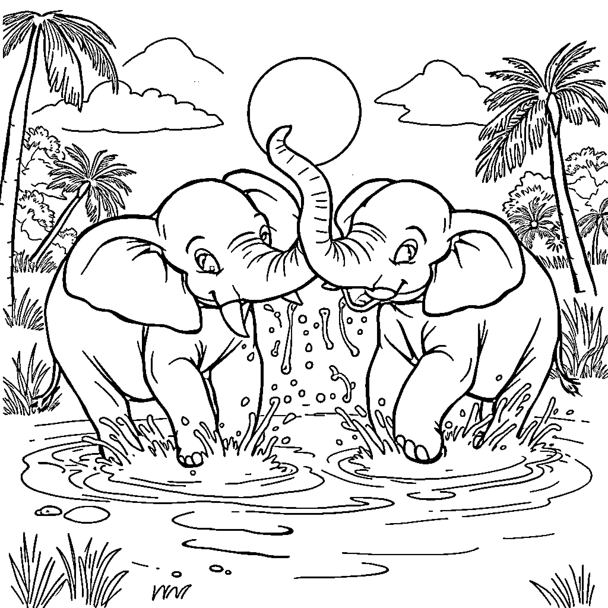Elephants Frolicking in a Tropical Oasis Coloring Page (free black-and-white line drawing printable PDF for all, from beginners to advanced learners, including children, teens, adults, and seniors)