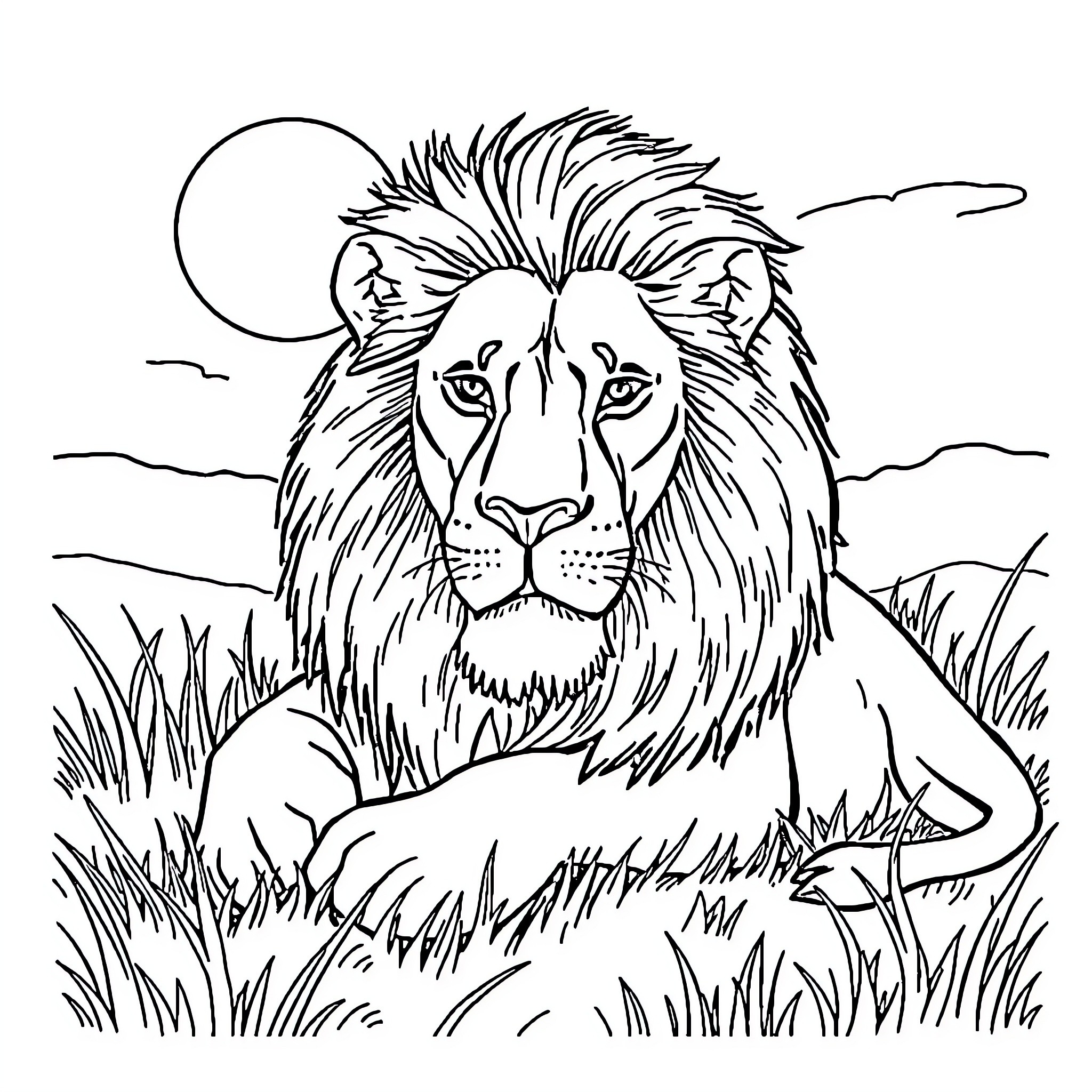 Lion Resting Majestically in the Wilderness Coloring Page (free black-and-white line drawing printable PDF for all, from beginners to advanced learners, including children, teens, adults, and seniors)