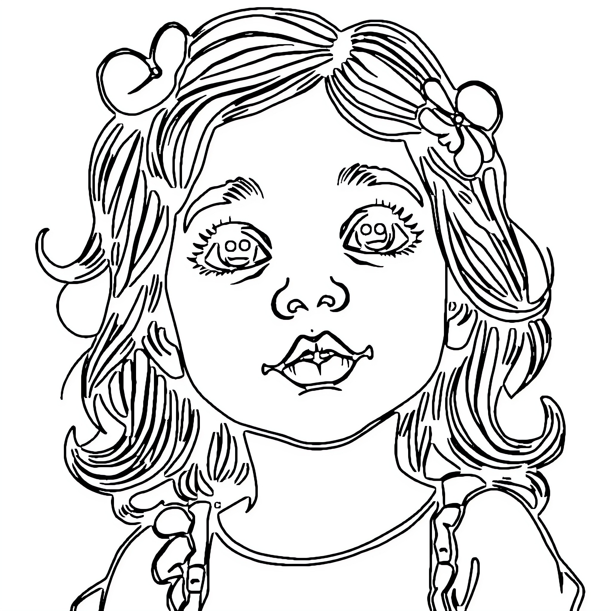 Girl with whimsical hairstyle and playful expression Coloring Page (free black-and-white line drawing printable PDF for all, from beginners to advanced learners, including children, teens, adults, and seniors)