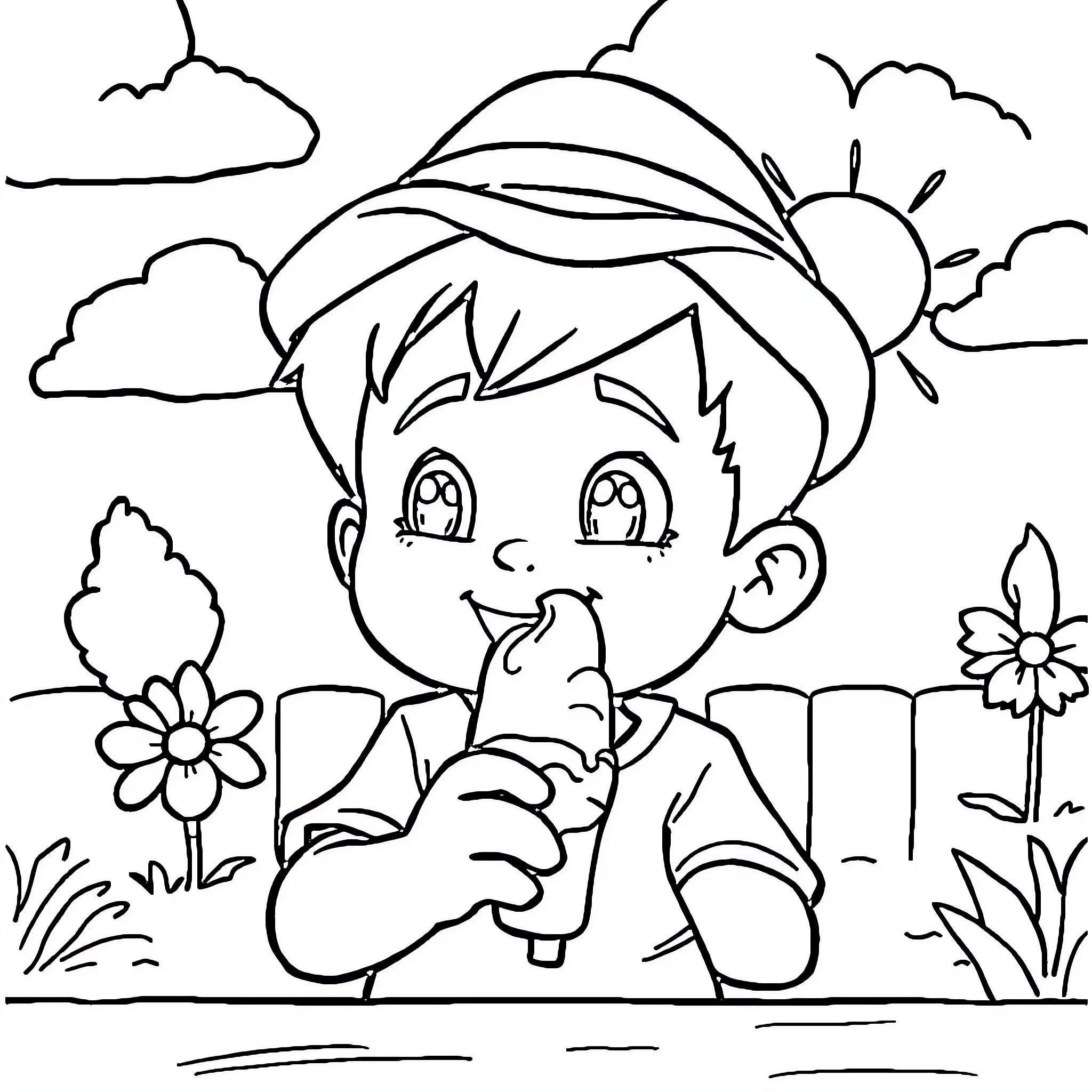 Panda Boy Exploring Nature's Wonders Coloring Page (free black-and-white line drawing printable PDF for all, from beginners to advanced learners, including children, teens, adults, and seniors)