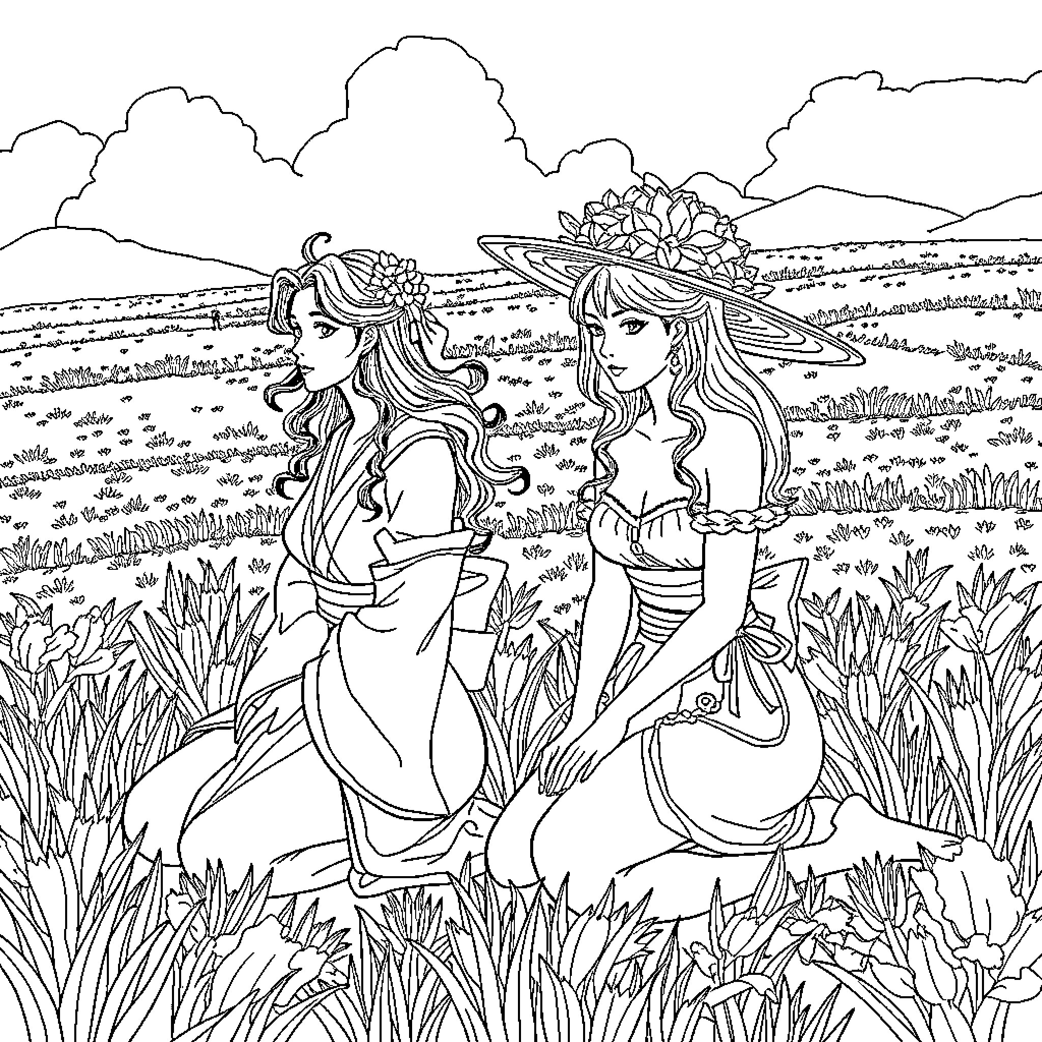 Femme Figures in Floral Meadow Coloring Page (free black-and-white line drawing printable PDF for all, from beginners to advanced learners, including children, teens, adults, and seniors)