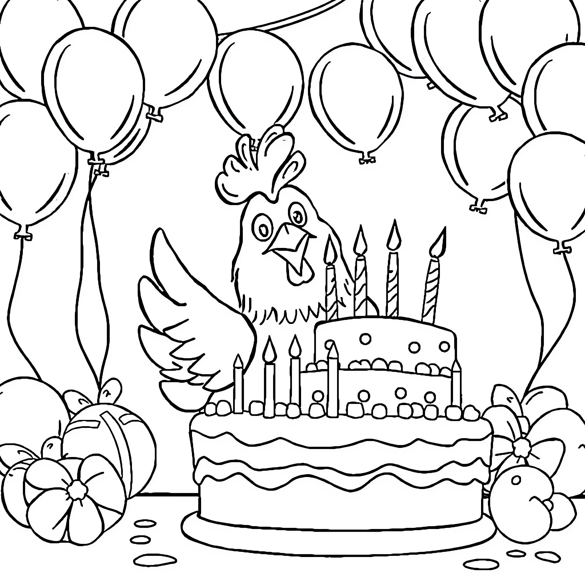 Chicken celebrating birthday with cake and balloons Coloring Page (free black-and-white line drawing printable PDF for all, from beginners to advanced learners, including children, teens, adults, and seniors)