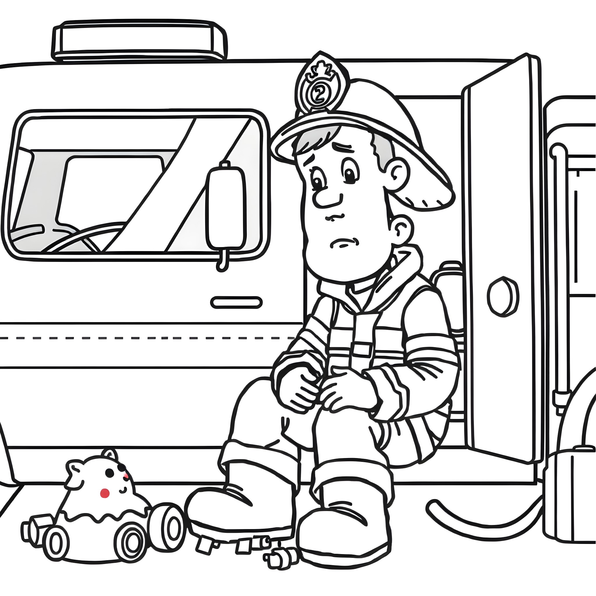 Firefighter responding to an emergency call Coloring Page (free black-and-white line drawing printable PDF for all, from beginners to advanced learners, including children, teens, adults, and seniors)