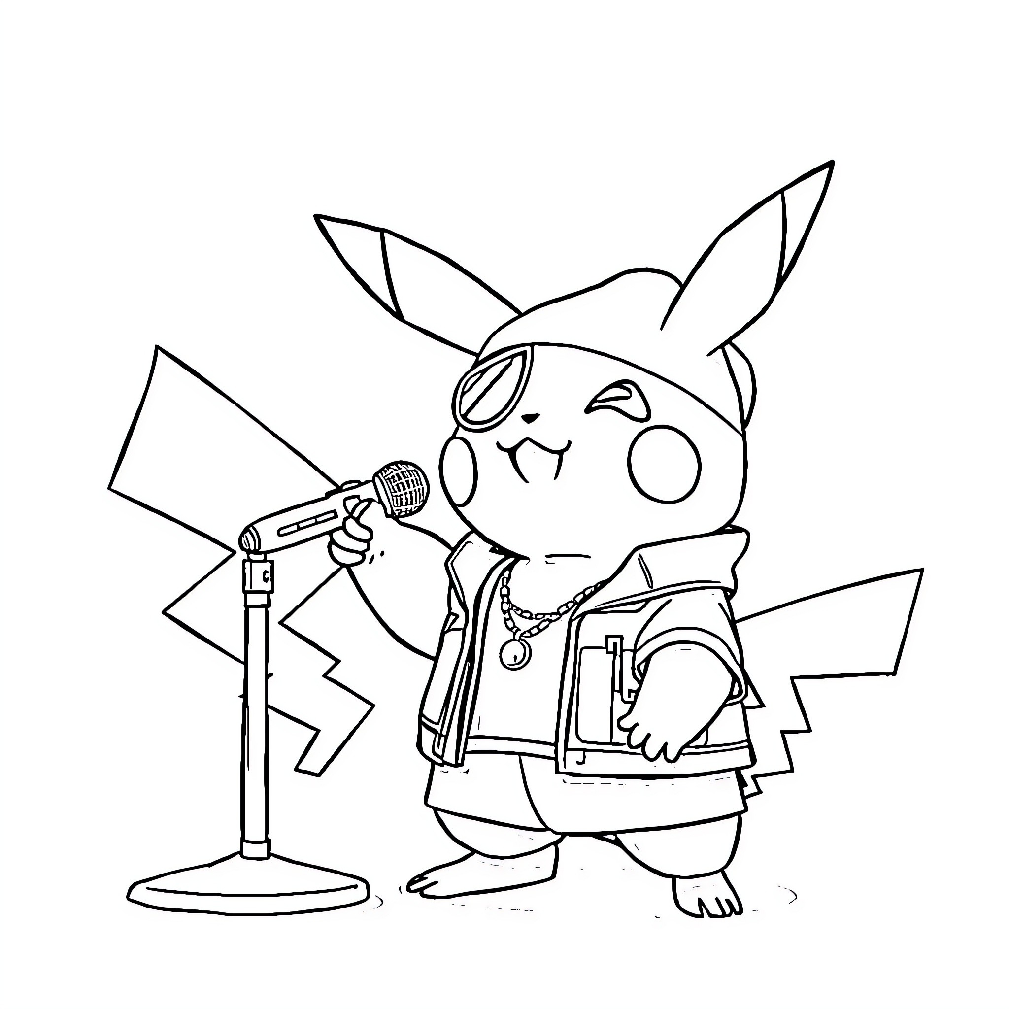 Pikachu performing on stage with a microphone Coloring Page (free black-and-white line drawing printable PDF for all, from beginners to advanced learners, including children, teens, adults, and seniors)
