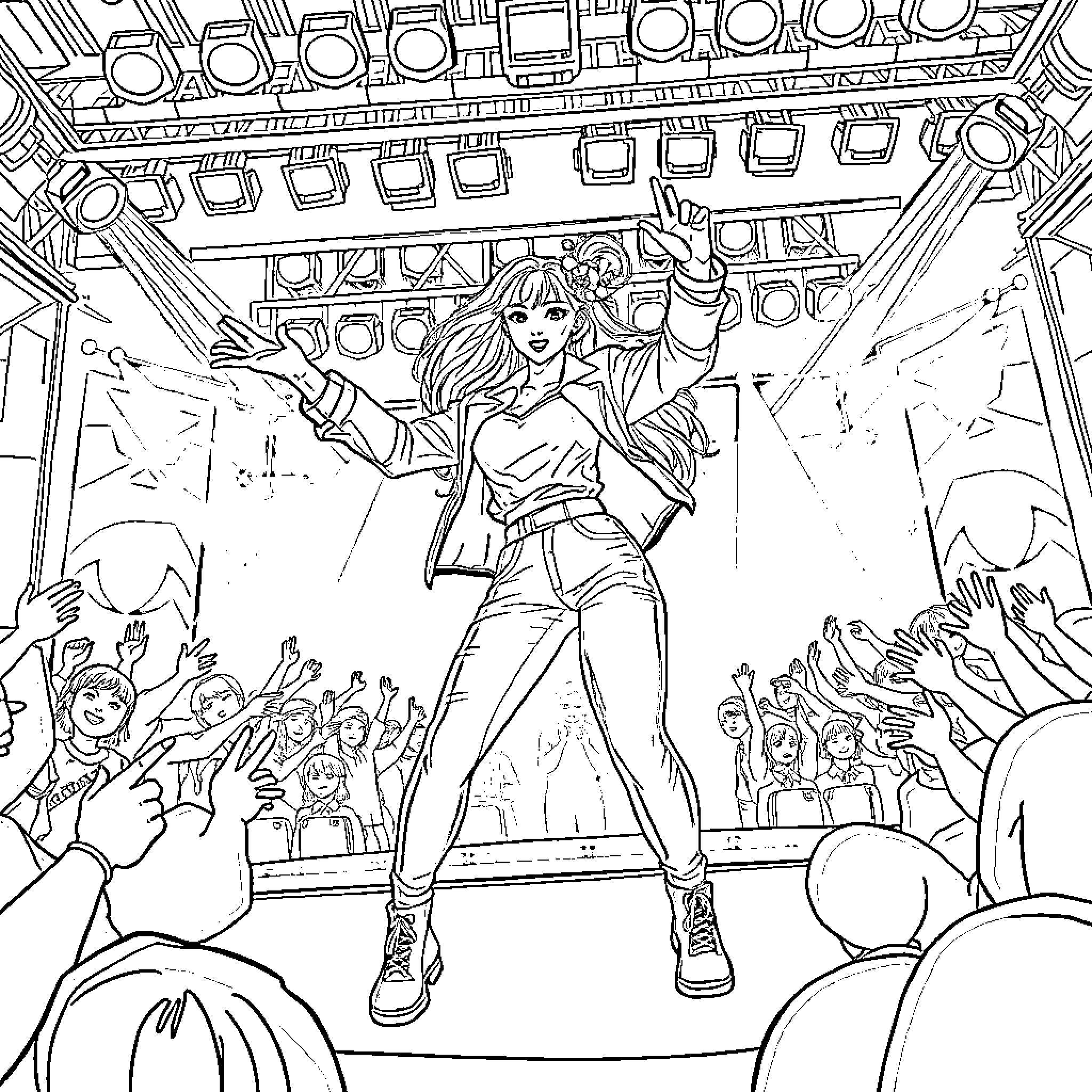 Rumi's Energetic Stage Performance Coloring Page (free black-and-white line drawing printable PDF for all, from beginners to advanced learners, including children, teens, adults, and seniors)